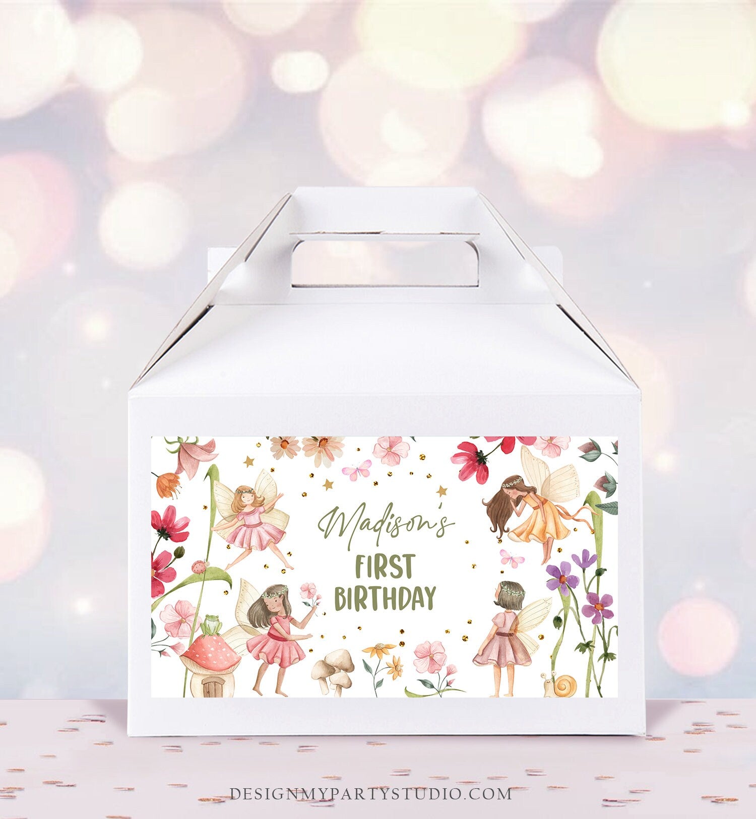 Editable Fairy Birthday Gable Gift Box Label Fantasy Fairies Birthday Favors Girl Treat Box Label Floral Girl Download Printable Corjl 0406