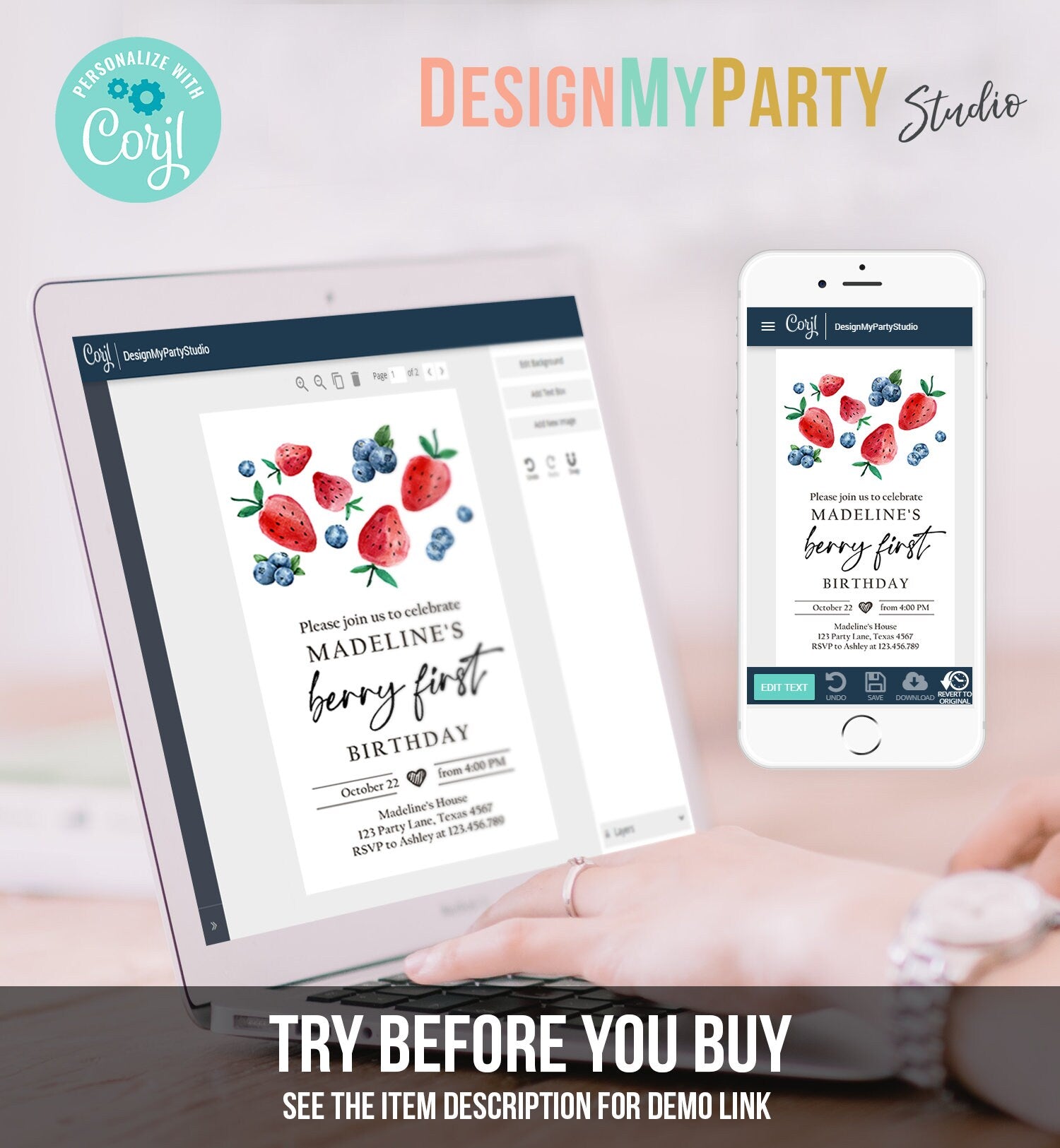 Editable Berry Sweet Birthday Evite Electronic Blueberry Strawberry Picking Party Farmers Market Digital Phone Template Corjl Digital 0399