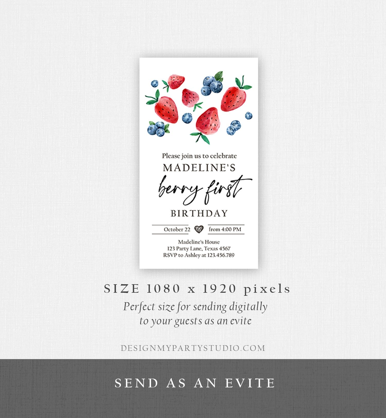 Editable Berry Sweet Birthday Evite Electronic Blueberry Strawberry Picking Party Farmers Market Digital Phone Template Corjl Digital 0399