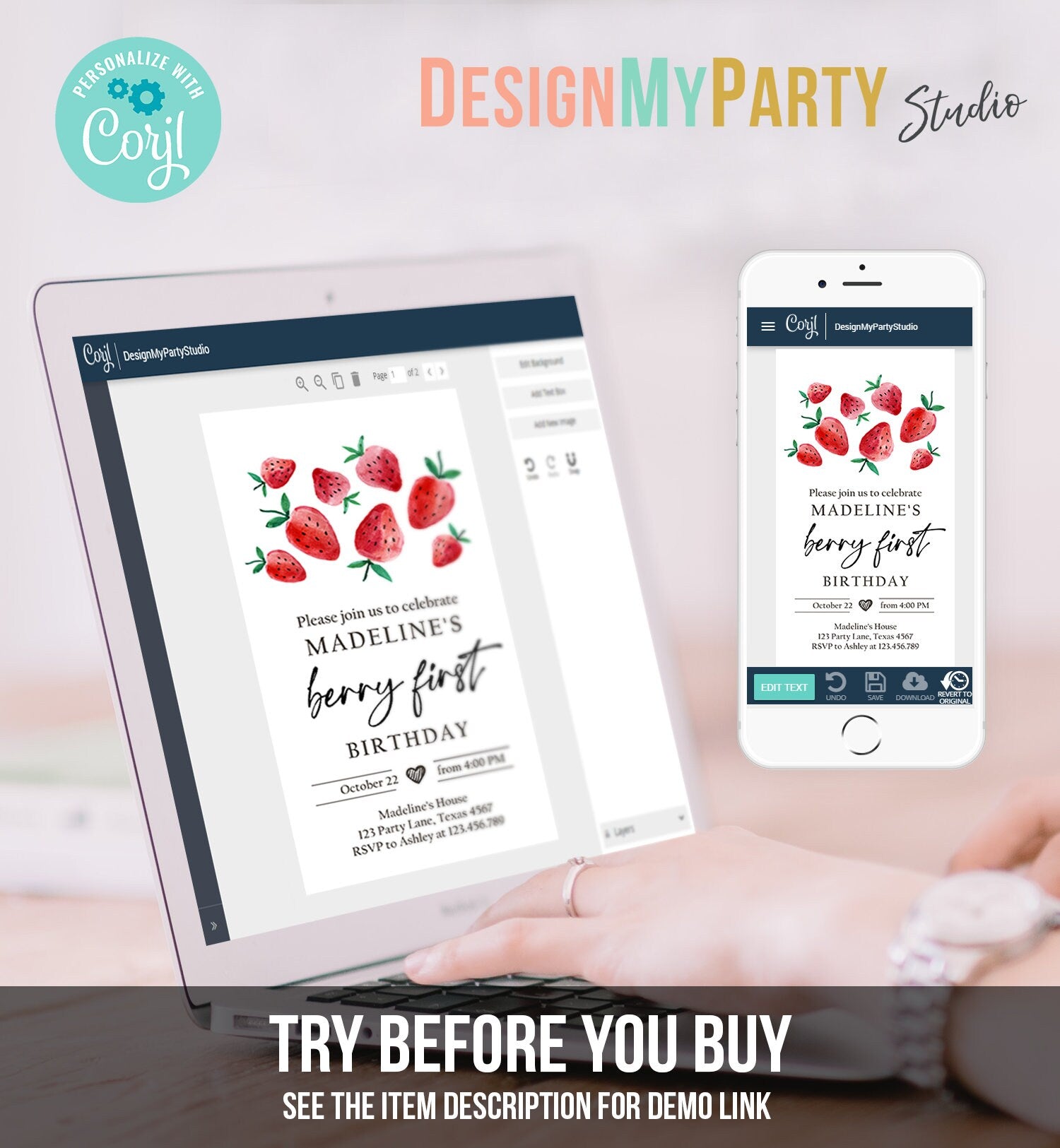 Editable Berry First Birthday Evite Electronic Strawberry Birthday Berry Sweet Strawberries 1st Digital Phone Template Corjl Digital 0399