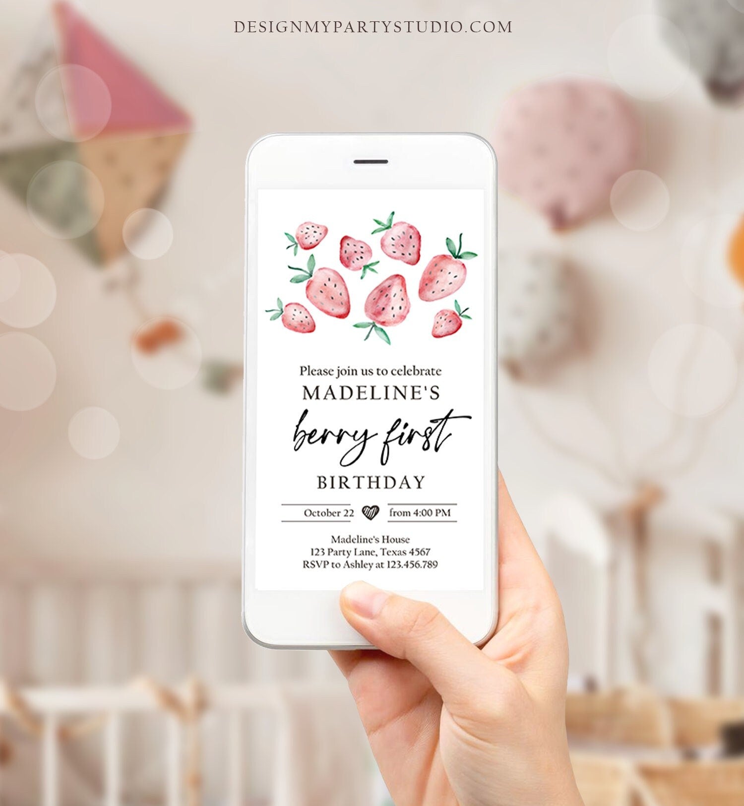 Editable Berry First Birthday Evite Electronic Strawberry Birthday Berry Sweet Strawberries 1st Digital Download Evite Phone Template 0399