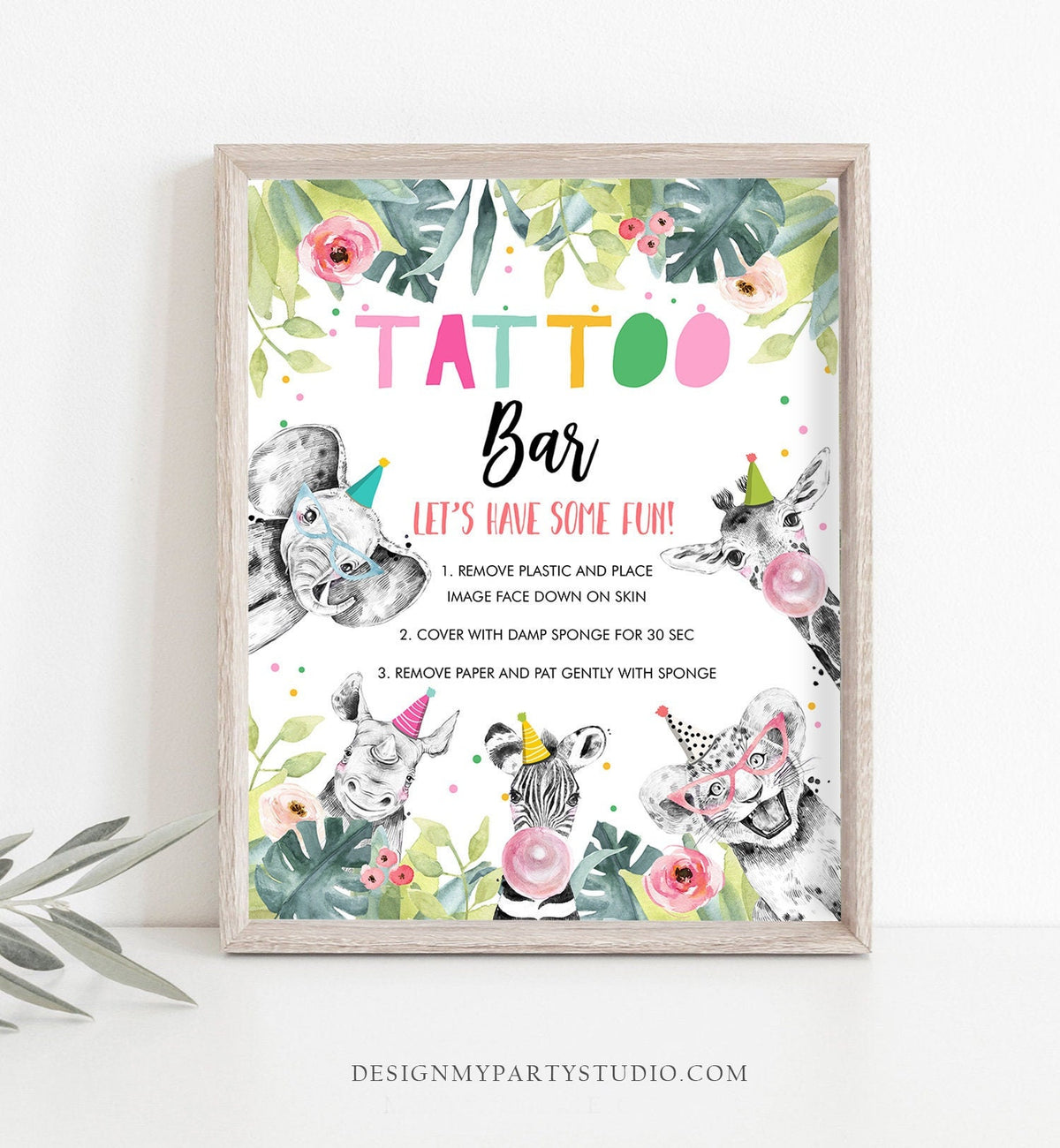 Tattoo Bar Sign Party Animals Birthday Sign Safari Animals Decor Girl Birthday Wild One Animals Table Zoo Party Jungle Printable 0322