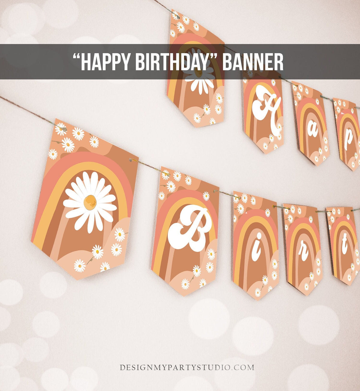 Happy Birthday Banner Daisy Birthday Banner Girl Groovy Birthday Party Decor Boho Retro Floral 70&#39;s Hippie Download Printable Digital 0428