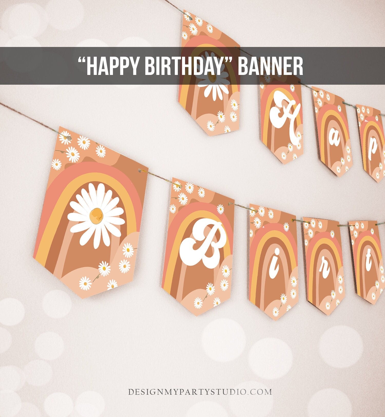 Happy Birthday Banner Daisy Birthday Banner Girl Groovy Birthday Party Decor Boho Retro Floral 70's Hippie Download Printable Digital 0428