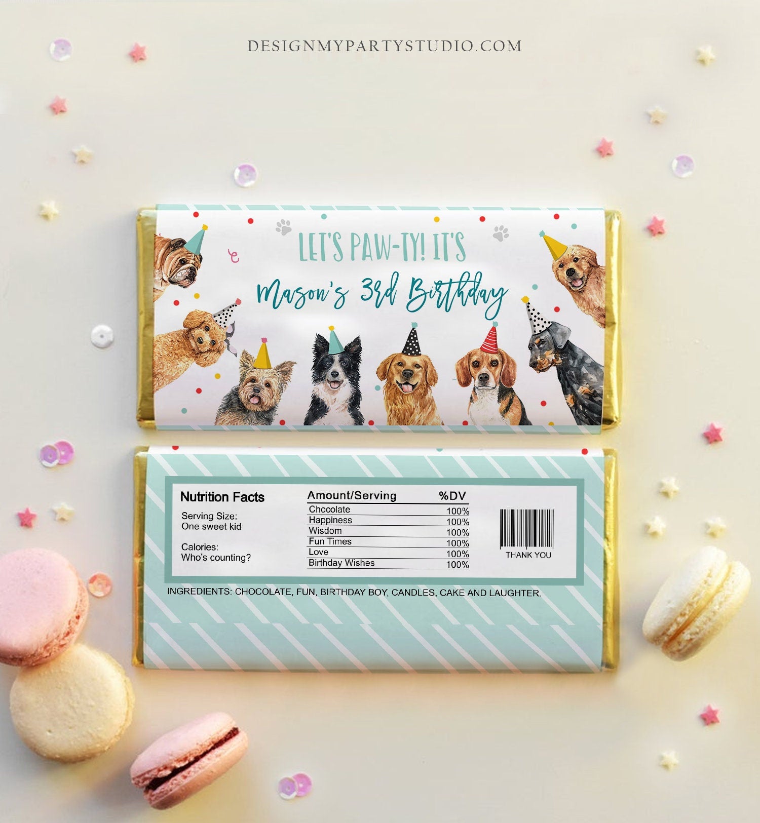 Editable Dog Candy Bar Wrapper Dog Birthday Party Chocolate Label Puppy Pet Boy Puppy Party Pawty Digital Download Template Printable 0384