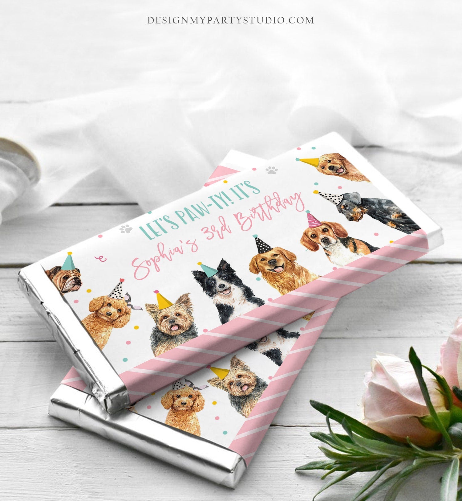 Editable Dog Candy Bar Wrapper Dog Birthday Party Chocolate Bar Label Puppy Girl Puppy Party Pawty Download Corjl Template Printable 0384