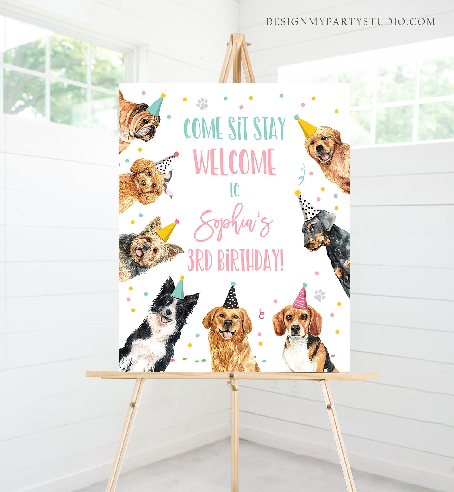 Editable Puppy Dog Birthday Party Welcome Sign Puppy Birthday Pink Pet Dog Birthday Come Sit Stay Paw-ty Girl Template Corjl PRINTABLE 0384