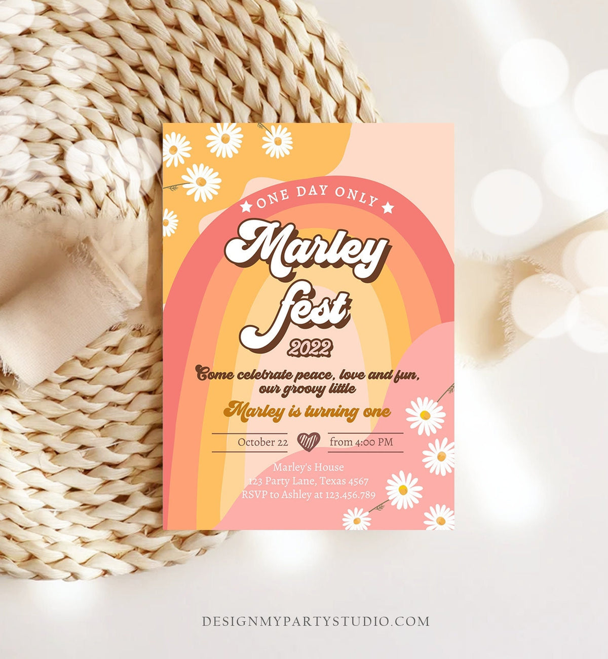 Editable Music Festival Birthday Party Invitation Floral Fest Birthday Seventies Groovy Peace Love Download Template Corjl Digital 0428