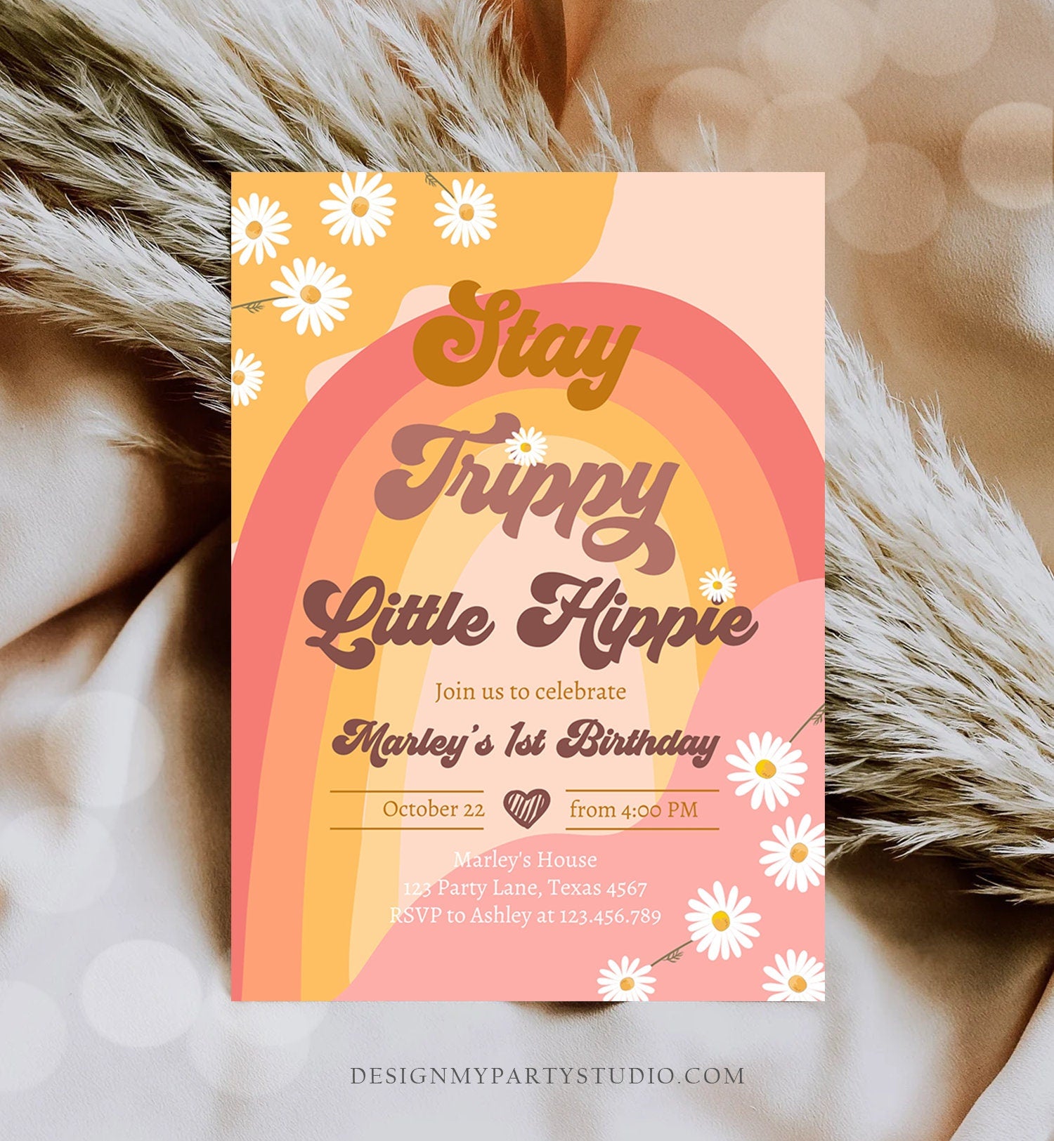 Editable Groovy Retro 1st Birthday Invitation First Birthday Retro Stay Trippy Little Hippie Download Printable Template Corjl Digital 0428