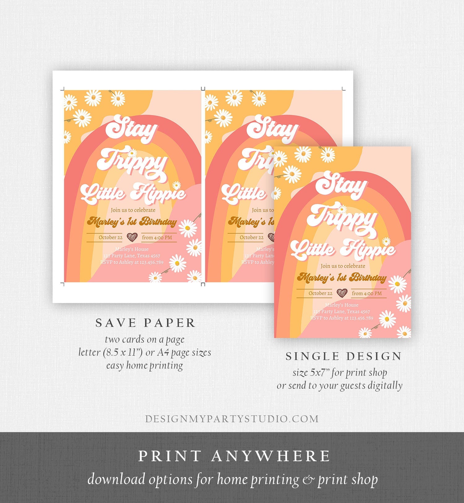 Editable Groovy Retro 1st Birthday Invitation First Birthday Retro Stay Trippy Little Hippie Download Printable Template Corjl Digital 0428