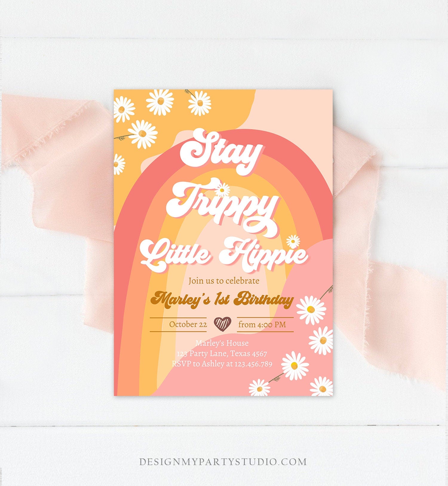 Editable Groovy Retro 1st Birthday Invitation First Birthday Retro Stay Trippy Little Hippie Download Printable Template Corjl Digital 0428