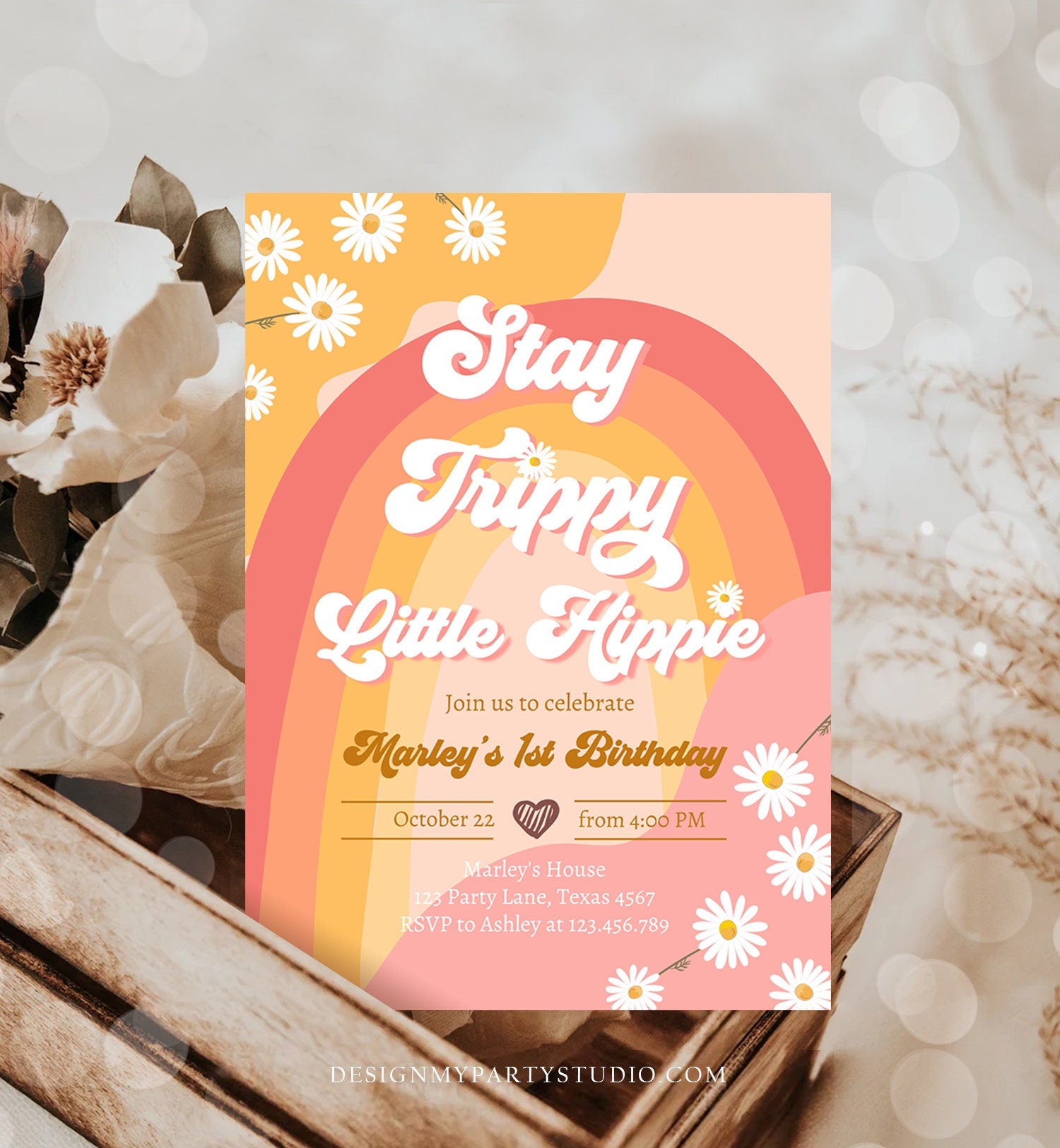 Editable Groovy Retro 1st Birthday Invitation First Birthday Retro Stay Trippy Little Hippie Download Printable Template Corjl Digital 0428