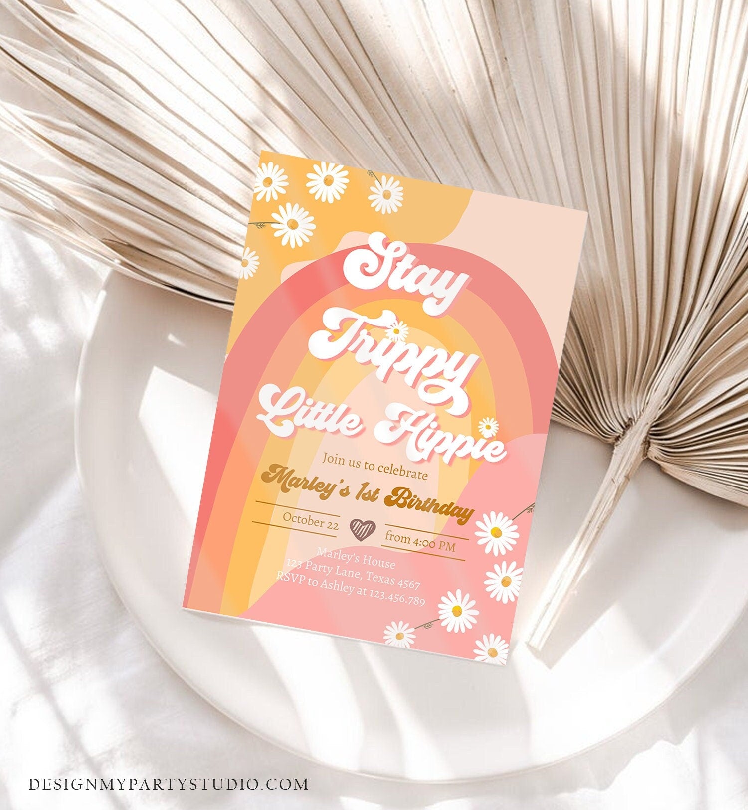 Editable Groovy Retro 1st Birthday Invitation First Birthday Retro Stay Trippy Little Hippie Download Printable Template Corjl Digital 0428