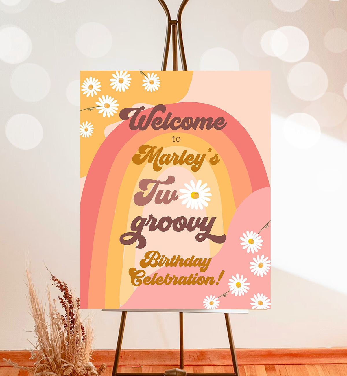 Editable Two Groovy Birthday Welcome Sign Floral Boho 2nd Birthday Welcome Sign Retro 70&#39;s Hippie Festival Digital Template Printable 0428