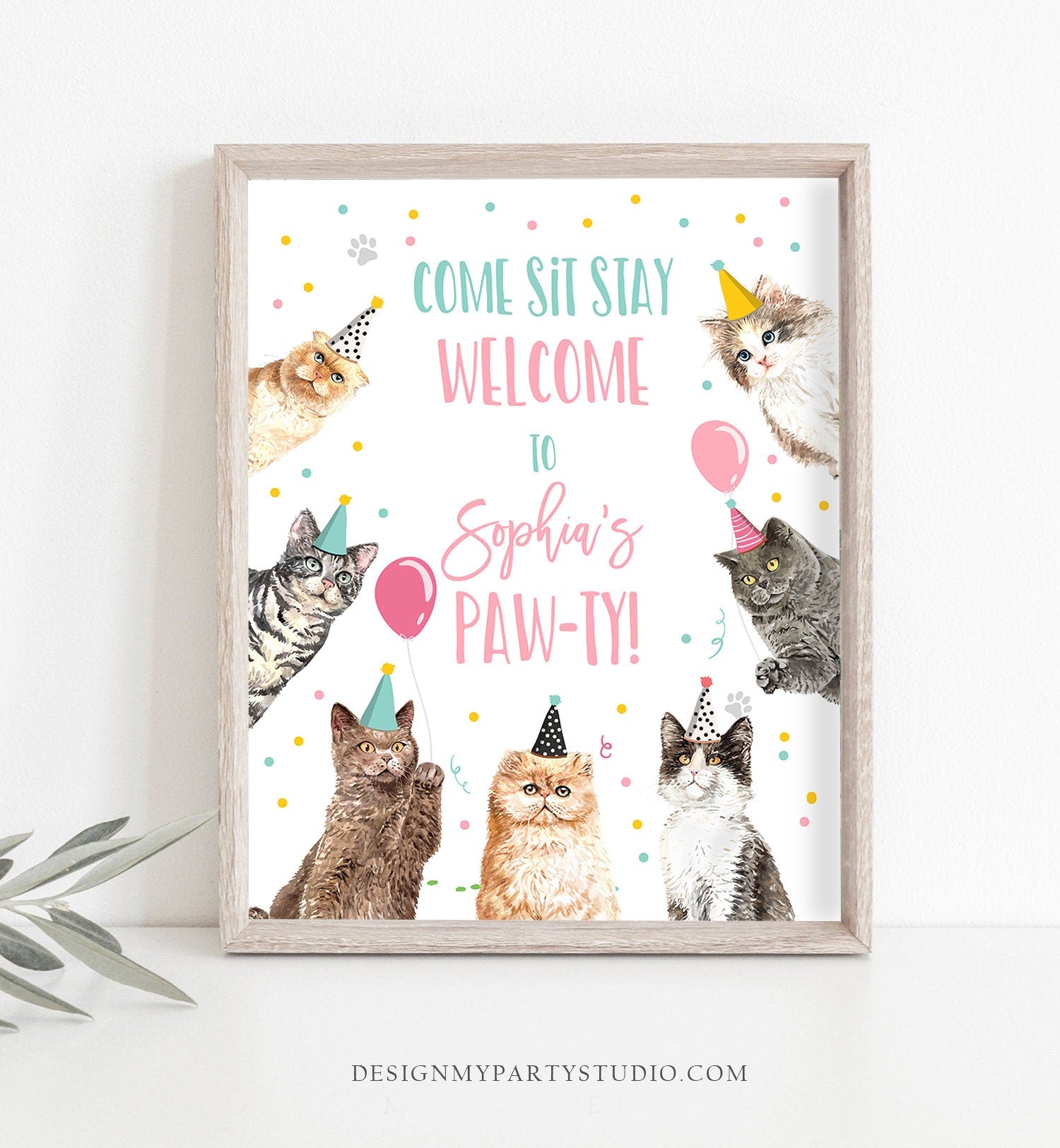 Editable Cat Birthday Party Welcome Sign Kitten Birthday Pink Pink Girl Kitty Cat Paw-ty Pawty Cute Kitten Template Corjl PRINTABLE 0384