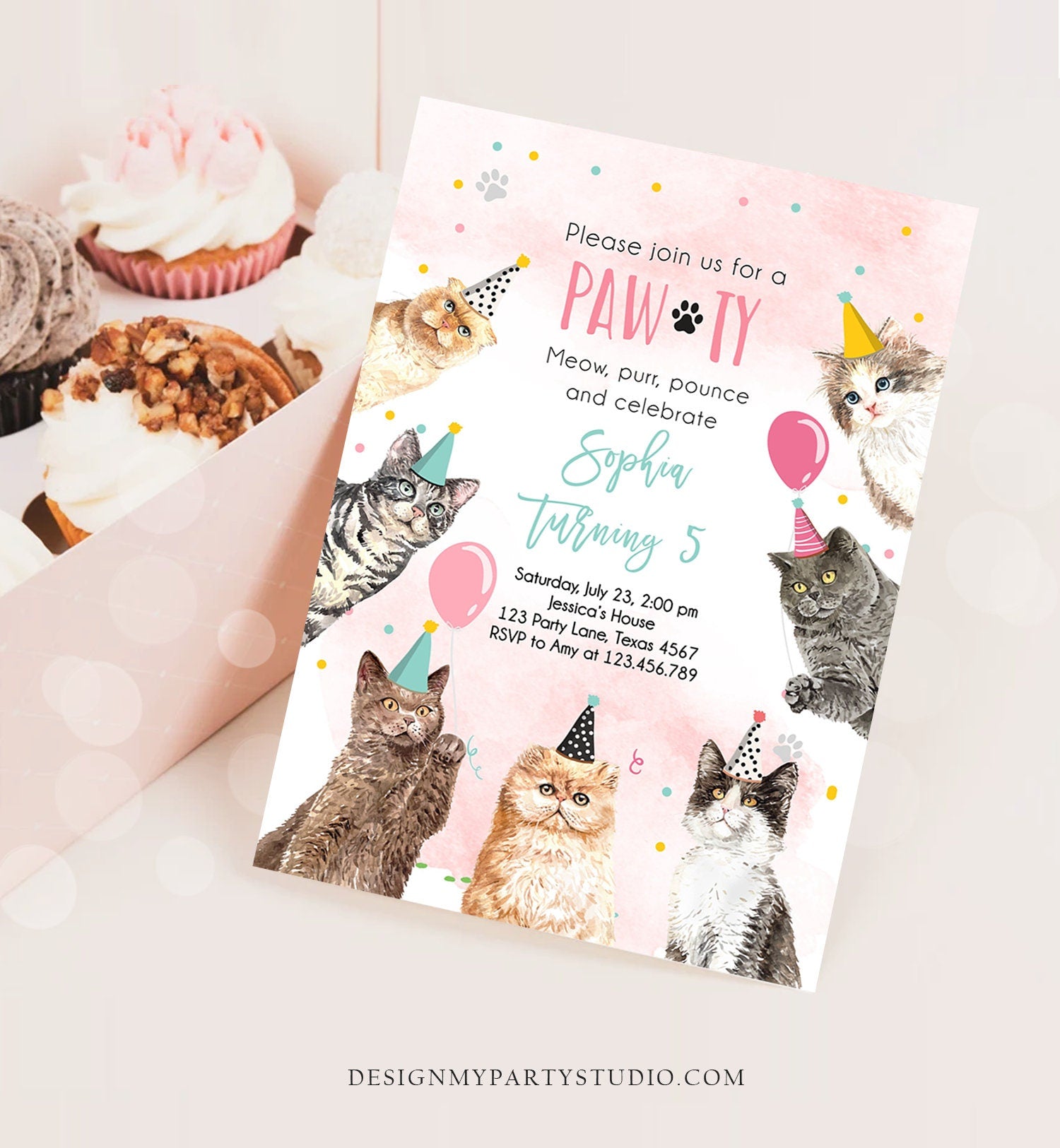 Editable Cat Birthday Party Invitation Kitten Birthday Invite Pink Girl Kitty Cat Invitation Pet Cute Download Printable Template Corjl 0384