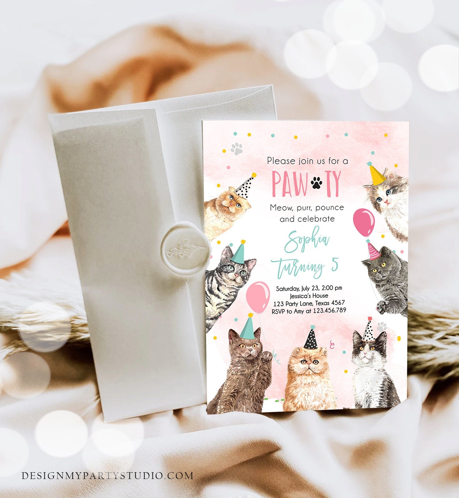 Editable Cat Birthday Party Invitation Kitten Birthday Invite Pink Girl Kitty Cat Invitation Pet Cute Download Printable Template Corjl 0384