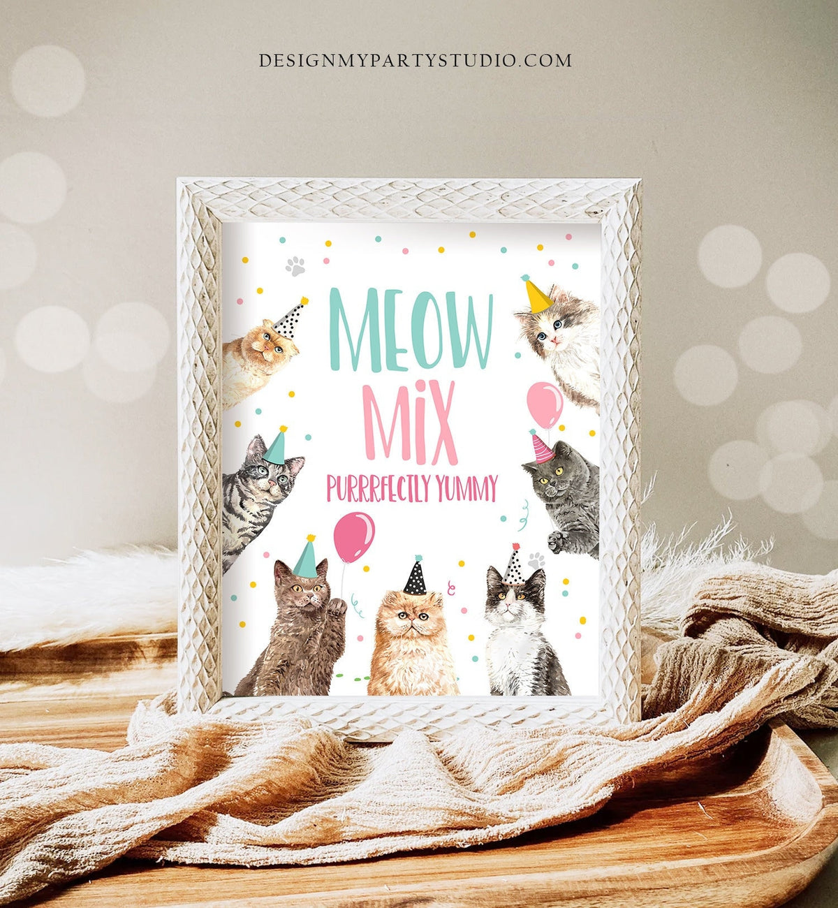 Meow Mix Birthday Sign Table Decor Cat Birthday Party Pink Girl Kitten Favors Sign Vet Pawty Decor Kitten Party Sign Download Printable 0384