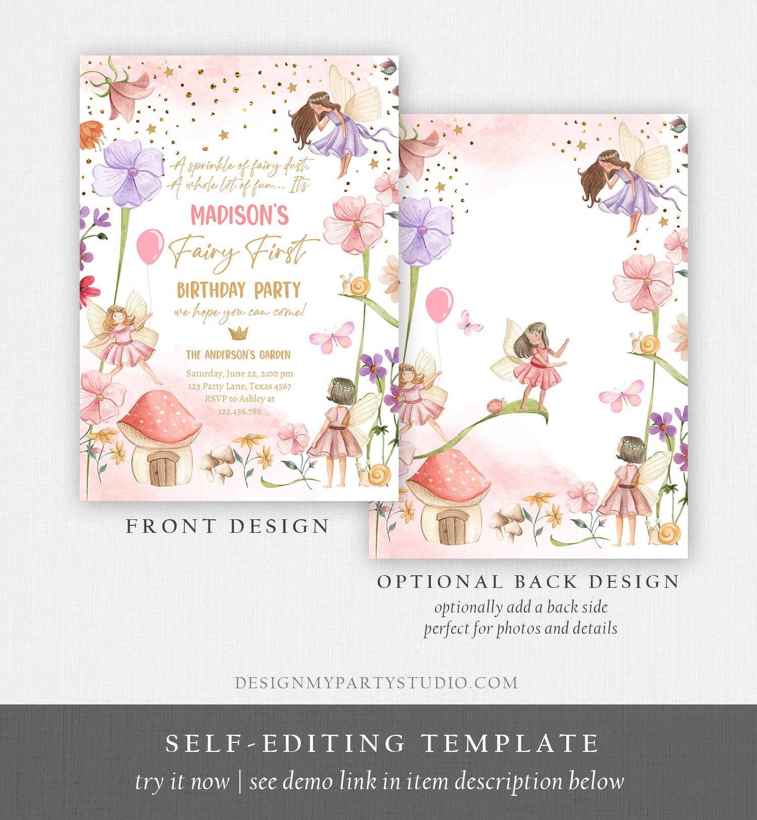 Editable Fairy First Birthday Invitation Fairy Garden Birthday Fairy Forest Girl 1st Birthday Magical Download Printable Template Corjl 0406