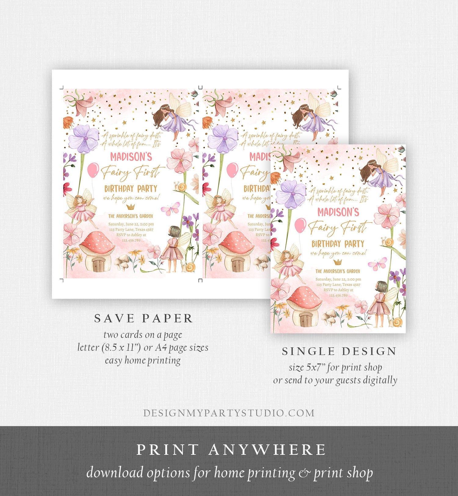 Editable Fairy First Birthday Invitation Fairy Garden Birthday Fairy Forest Girl 1st Birthday Magical Download Printable Template Corjl 0406