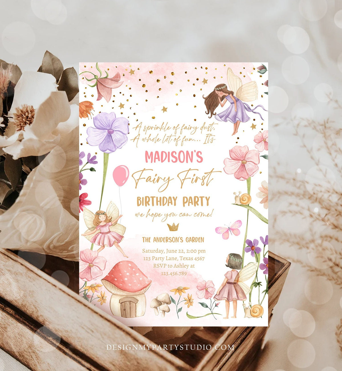 Editable Fairy First Birthday Invitation Fairy Garden Birthday Fairy Forest Girl 1st Birthday Magical Download Printable Template Corjl 0406