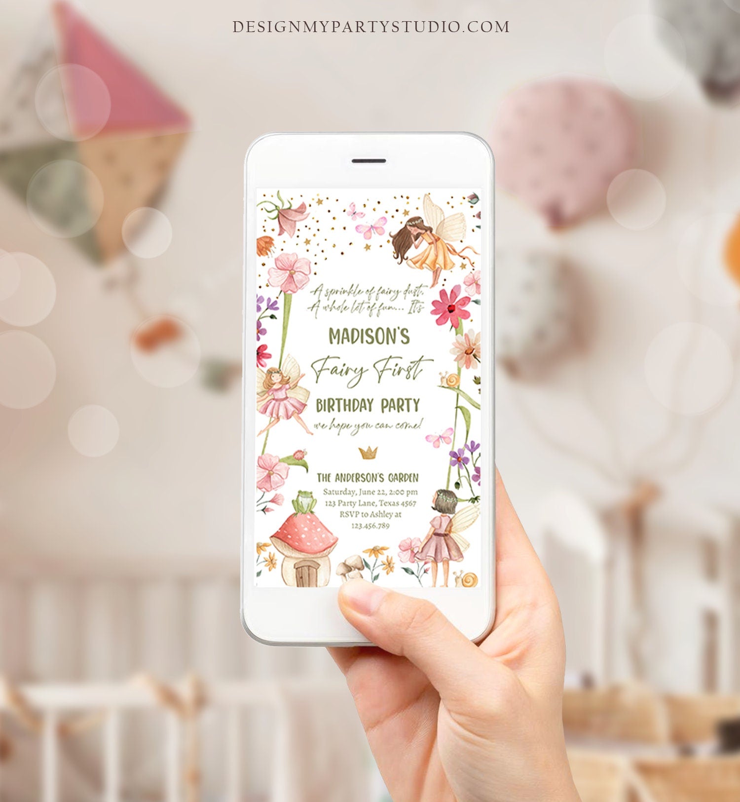 Editable Fairy First Birthday Evite Electronic Fairy Garden Fairy Forest Girl 1st Birthday Magical Phone Download Template Corjl 0406