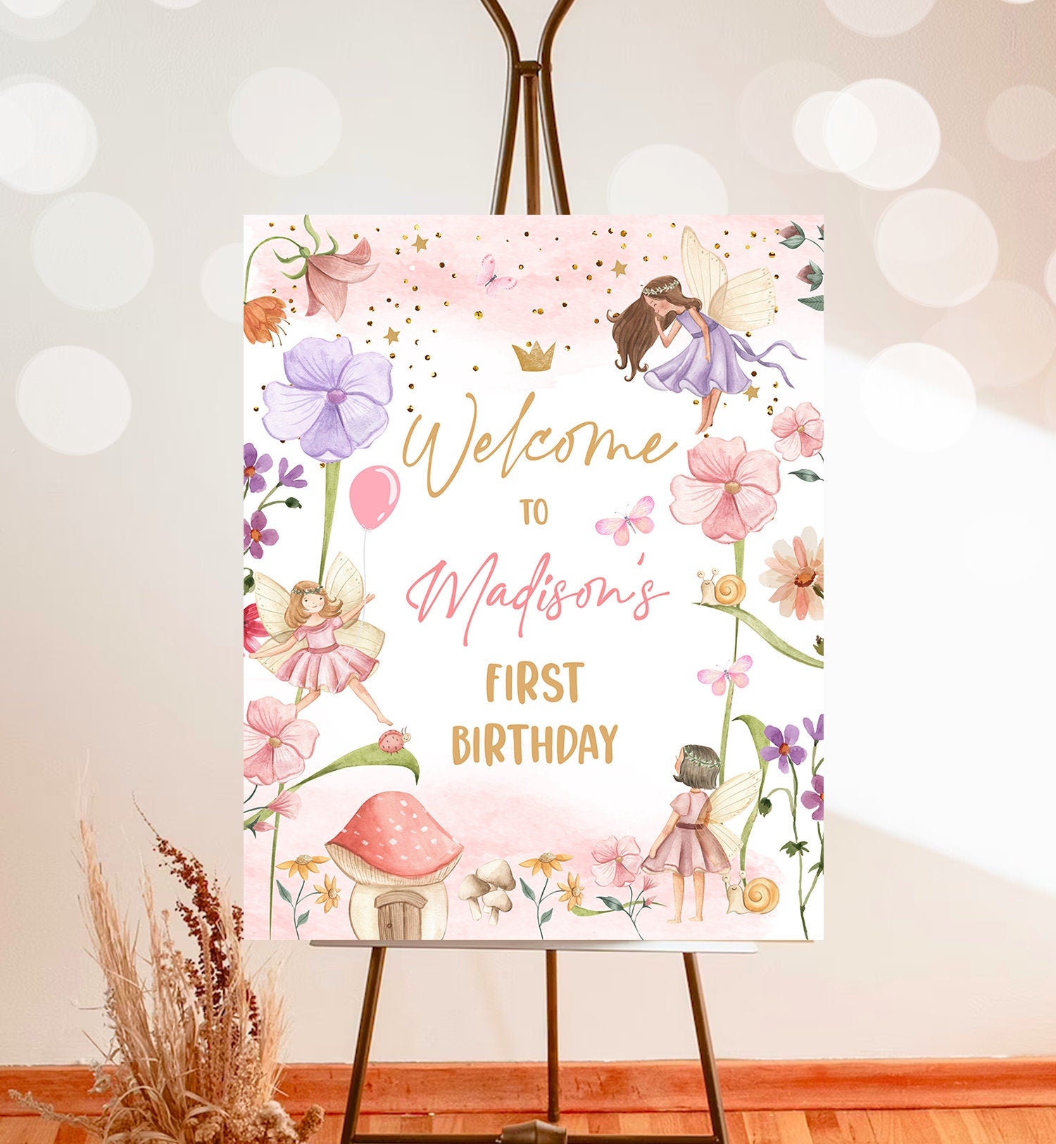 Editable Fairy Birthday Welcome Sign Fairy Garden Sign Whimsical Welcome Enchanted Forest Birthday Girl Pink Template PRINTABLE Corjl 0406