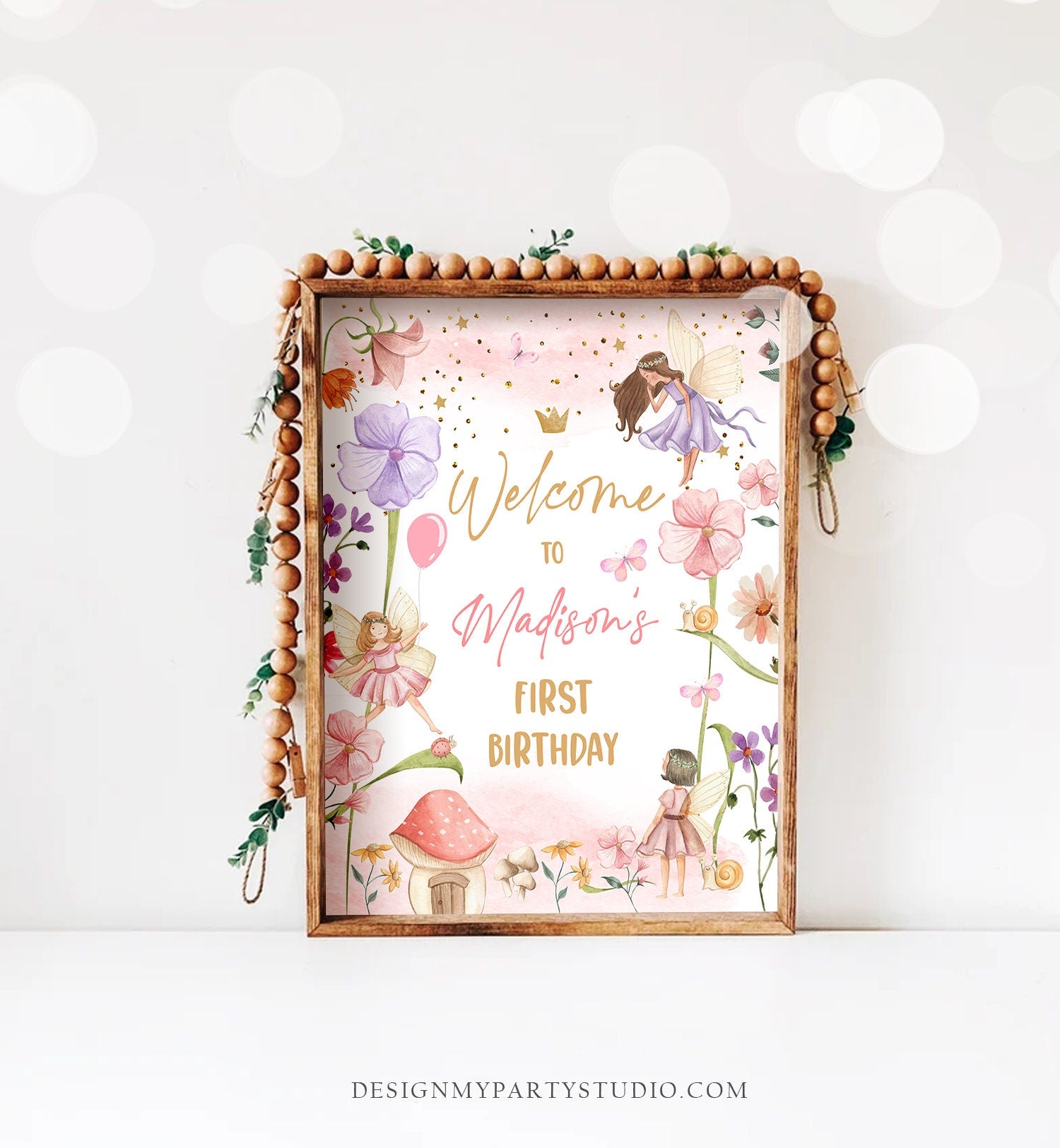 Editable Fairy Birthday Welcome Sign Fairy Garden Sign Whimsical Welcome Enchanted Forest Birthday Girl Pink Template PRINTABLE Corjl 0406