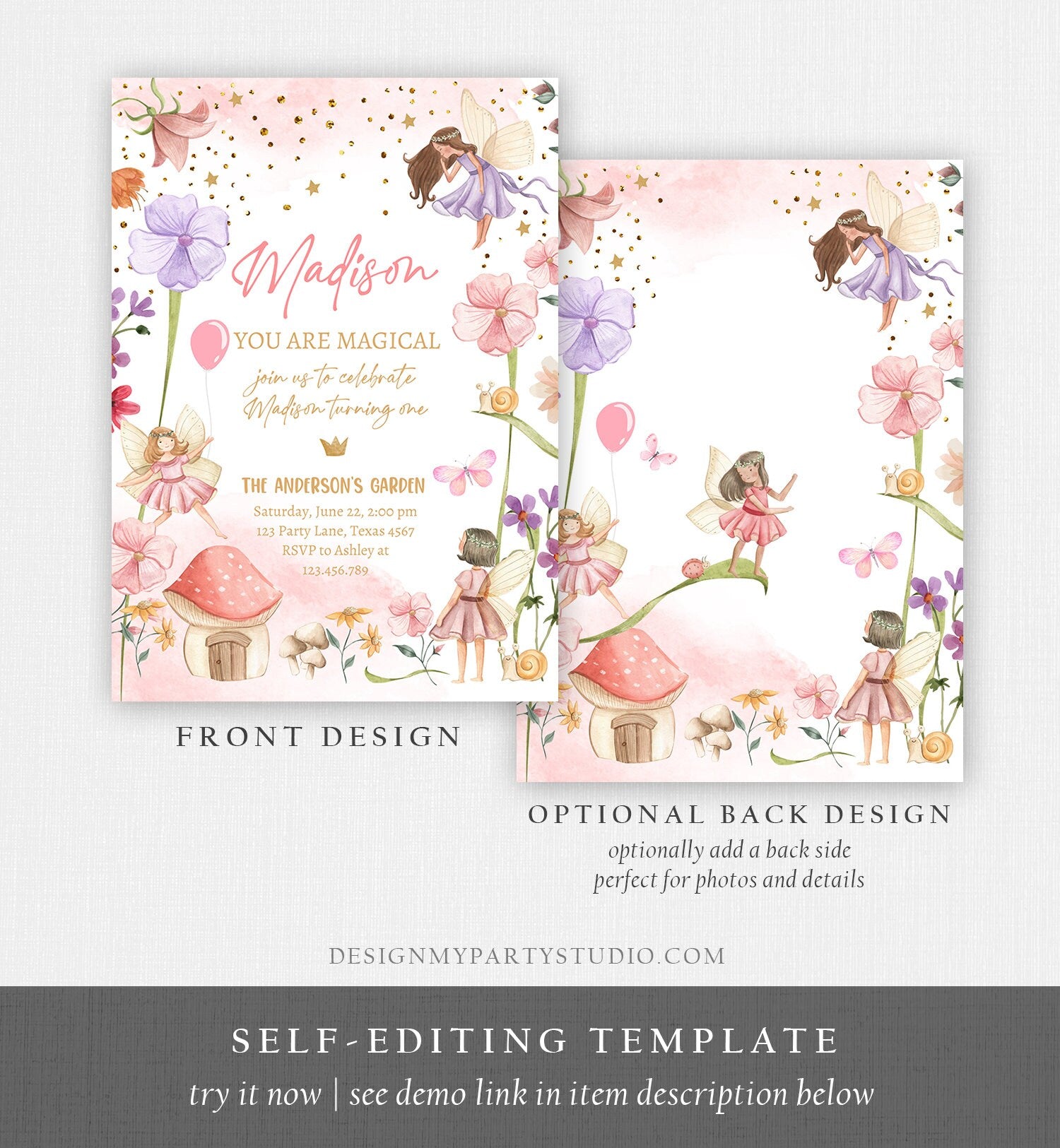 Editable Fairy Birthday Invitation Fairy Garden Birthday Fairy Forest Girls 1st Birthday Magical Download Template Corjl Printable 0406