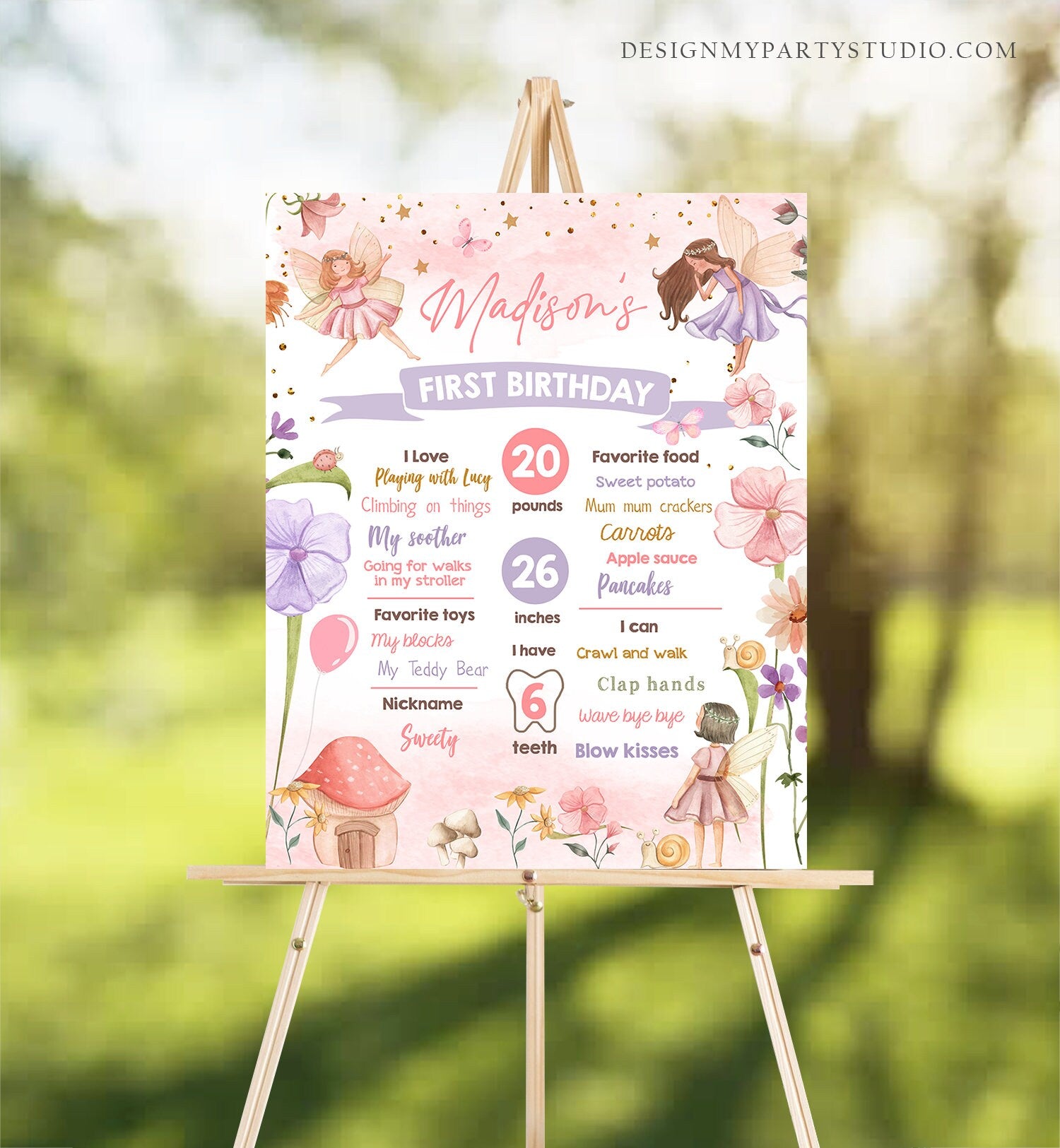 Editable Fairy Birthday Milestones Sign Fairy Tea Party Girl Birthday Garden Party Fairy First Birthday Stats Template Printable Corjl 0406