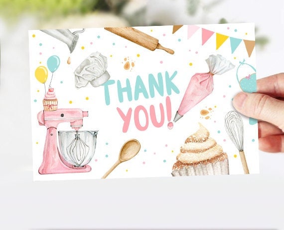 Baking Thank you Card Kids Cooking Birthday Thank You Note 4x6&quot; Girl Chef Party Kitchen Cupcake Decorating PRINTABLE Instant Download 0364