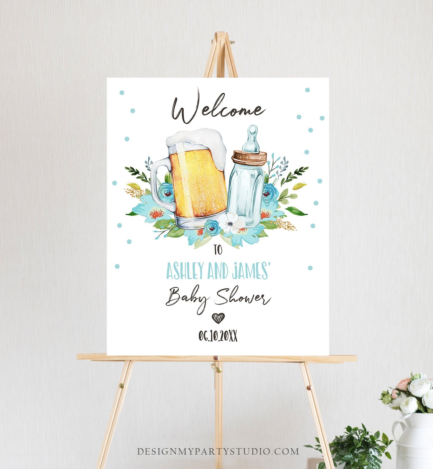 Editable A Baby is Brewing Welcome Sign Brewing Baby Shower Bottle and Beers Cheers Coed Couples Shower Gender Boy Blue Corjl Template 0190