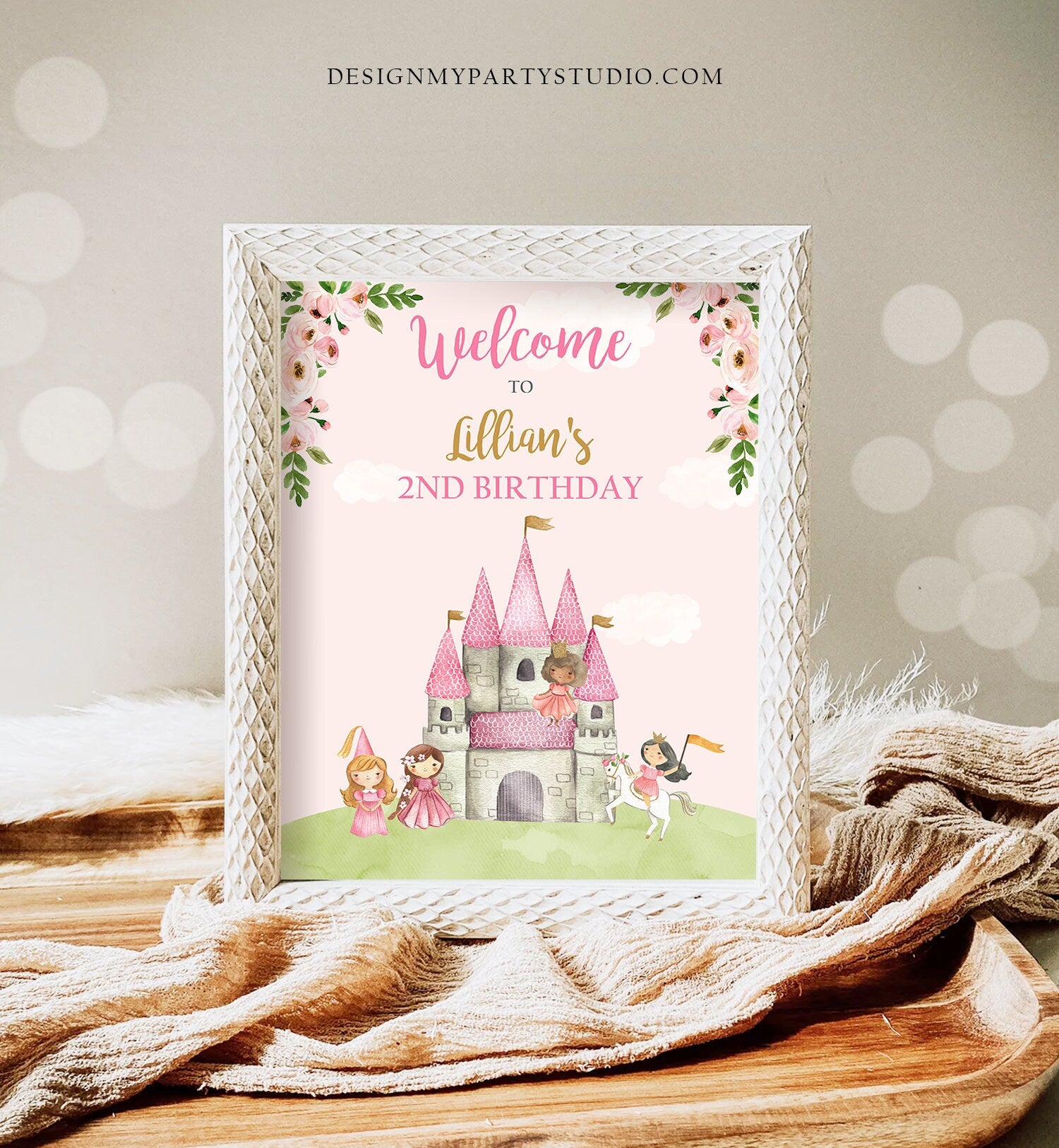 Editable Princess Birthday Welcome Sign Girl Royal Castle Birthday Sign Pink Princesses Watercolor Digital Download Template Printable 0171