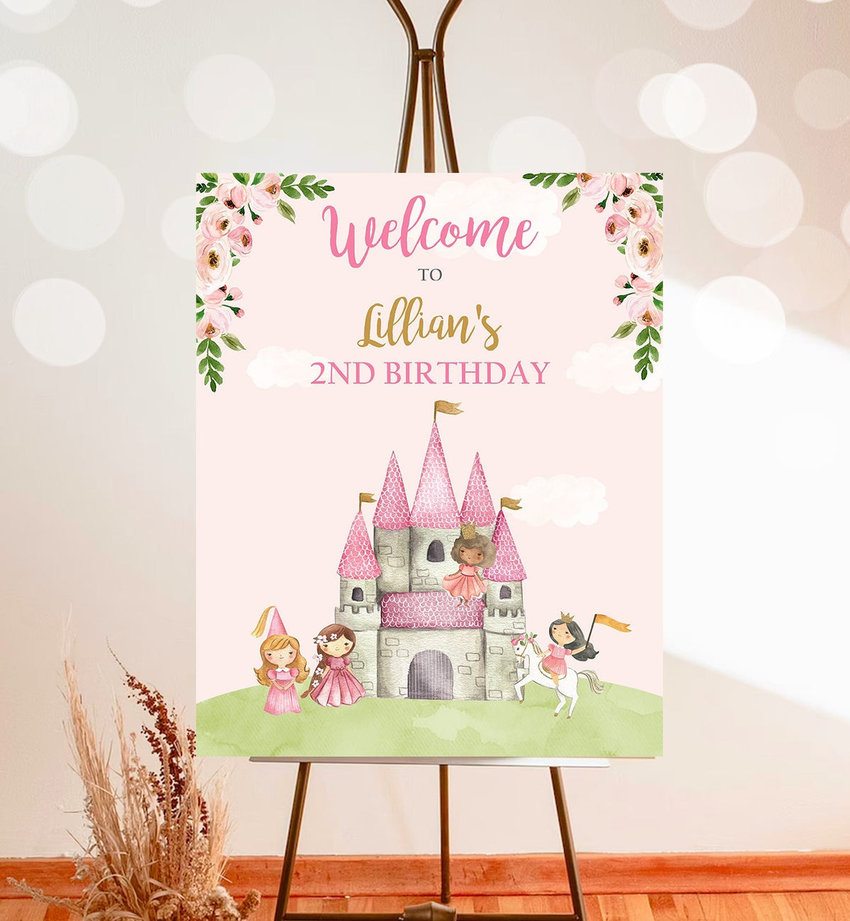 Editable Princess Birthday Welcome Sign Girl Royal Castle Birthday Sign Pink Princesses Watercolor Digital Download Template Printable 0171