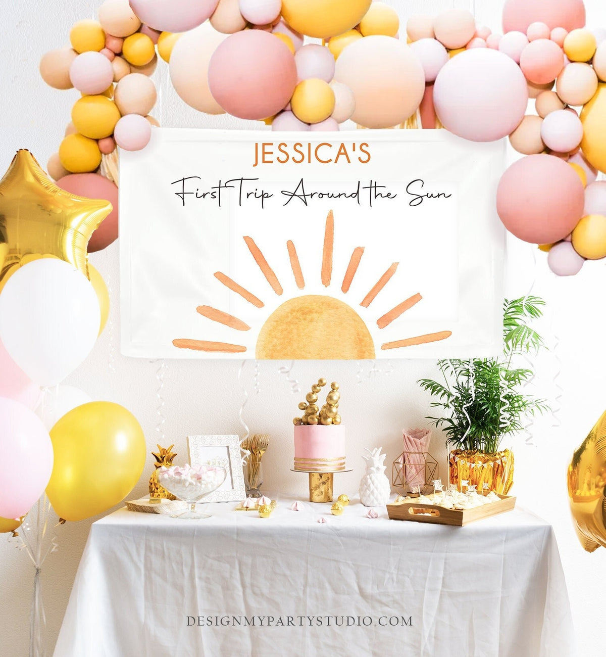 Editable Sunshine Backdrop Banner Boho Sun Birthday First Trip Around the Sun 1st Birthday Little Digital Download Template Printable 0431