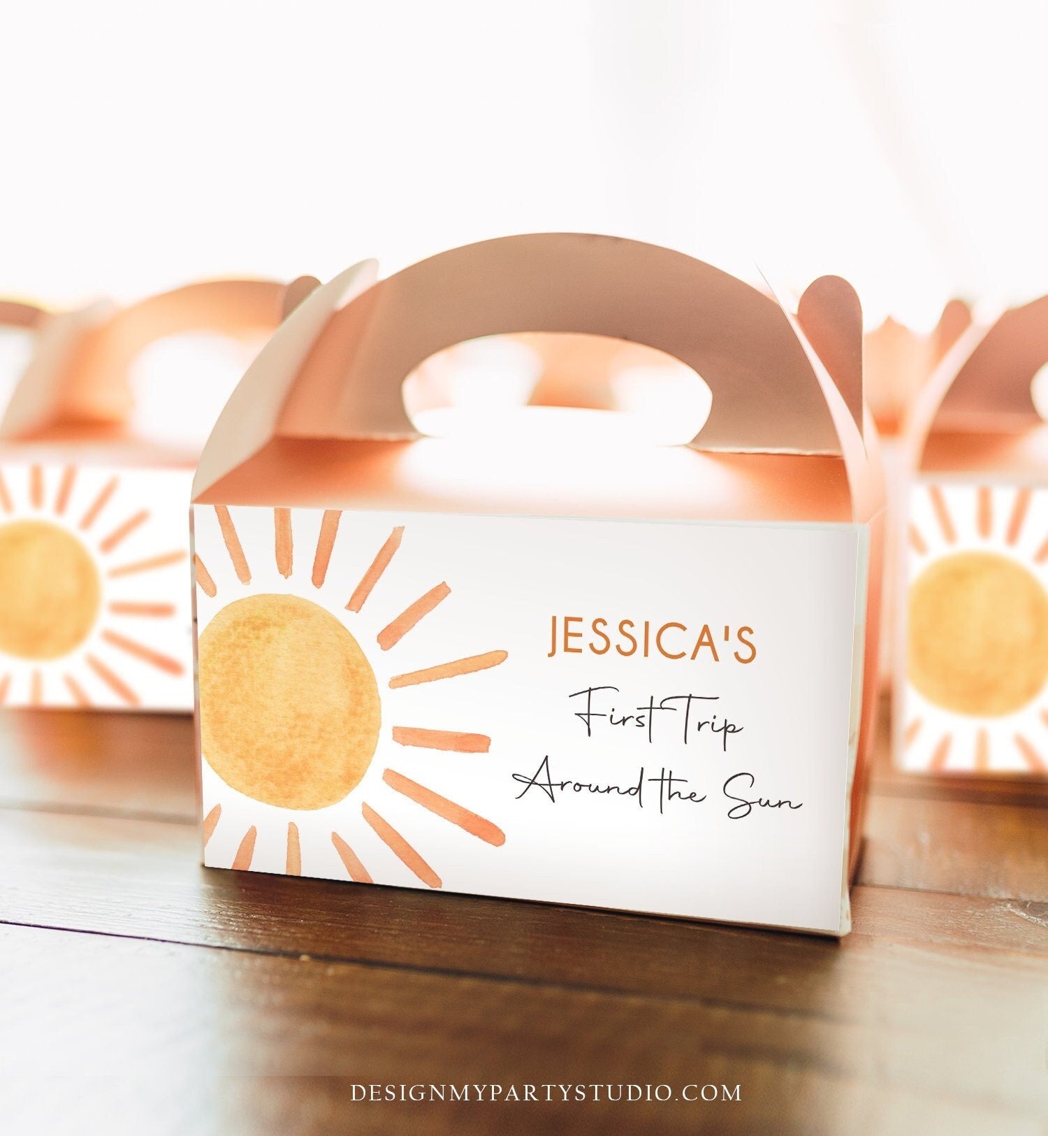 Editable Sun Birthday Party Gable Box Favor Label Boho Sun Gift Box Labels Sunshine First Trip Around the Sun Download Printable Corjl 0431