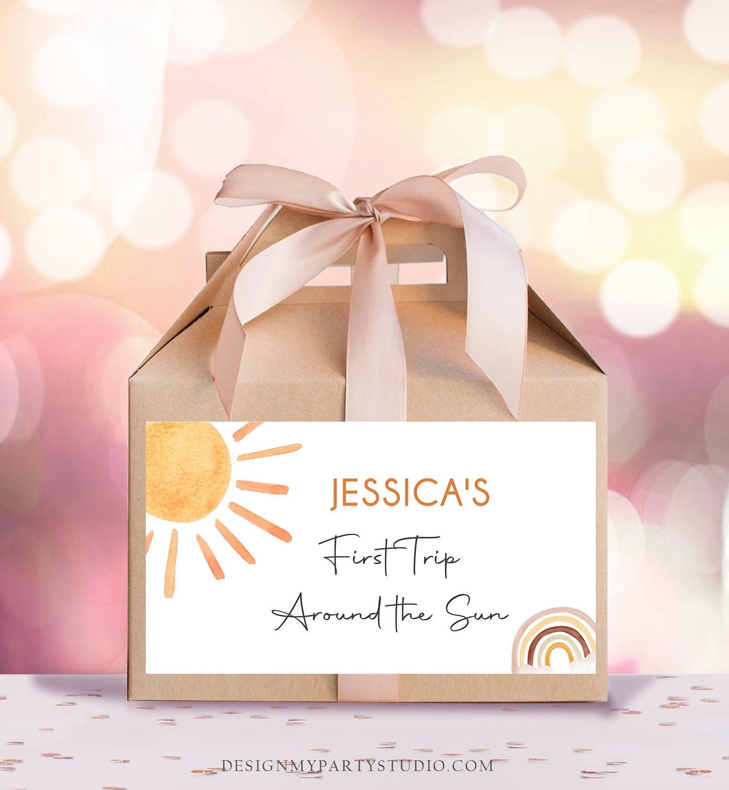 Editable Sun Birthday Party Gable Box Favor Label Boho Sun Gift Box Labels Sunshine First Trip Around the Sun Download Printable Corjl 0431