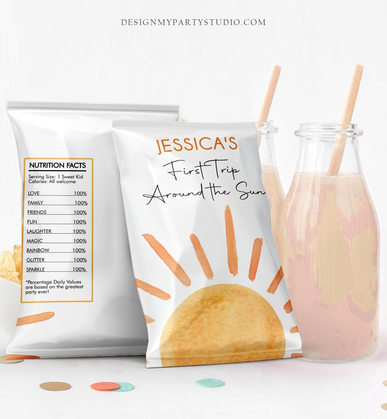 Editable Sun Chip Bag Boho Suns Birthday Party Decor First Trip Around the Sun 1st Birthday Sunshine Favor Digital Template Printable 0431