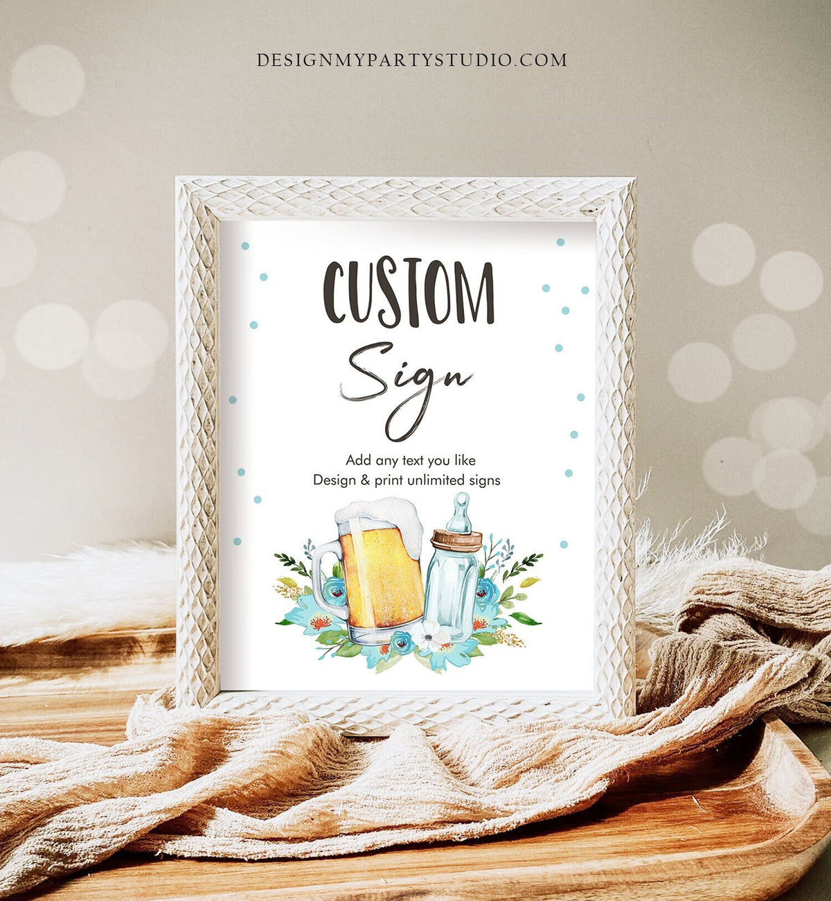 Editable Custom Baby is Brewing Sign Brewing Baby Shower Decor Table Sign Beers and Bottles Boy Blue Corjl Template Printable 8x10 0190