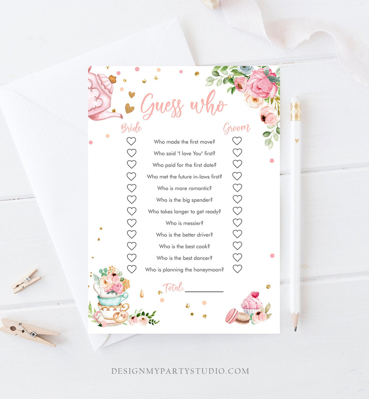 Editable Guess Who Bridal Shower Game Greenery Tea Party Baby is Brewing Pink Rustic Watercolor Bride Groom Corjl Template Printable 0349