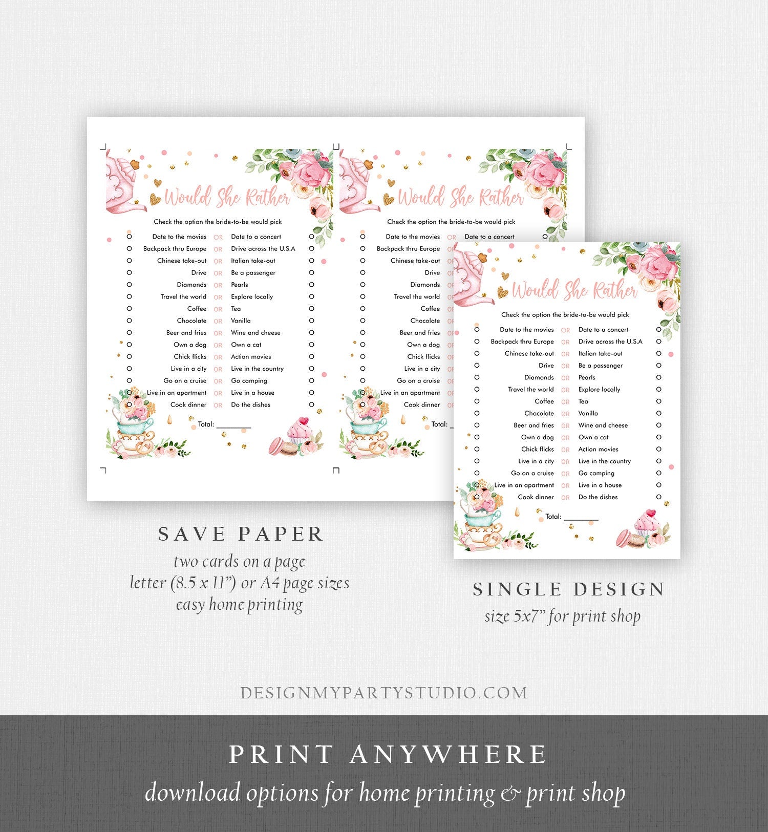 Editable Would She Rather Bridal Shower Game Greenery Tea Party Love is Brewing Pink Rustic Watercolor Guess Corjl Template Printable 0349