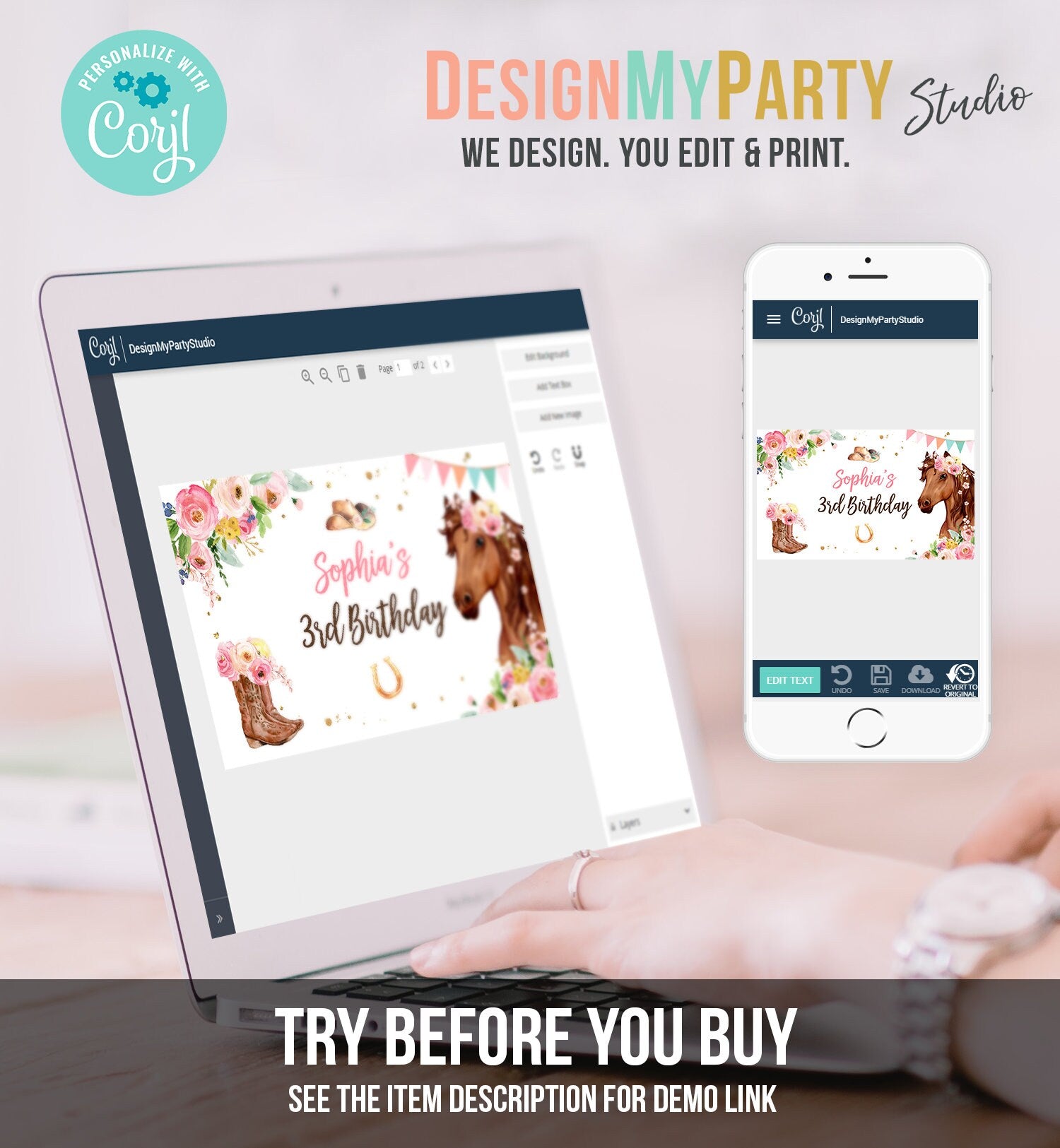 Editable Horse Birthday Backdrop Banner Saddle Up Watercolor Cowgirl Party Girl Pony Decor Party Sign Digital Template Printable 0408