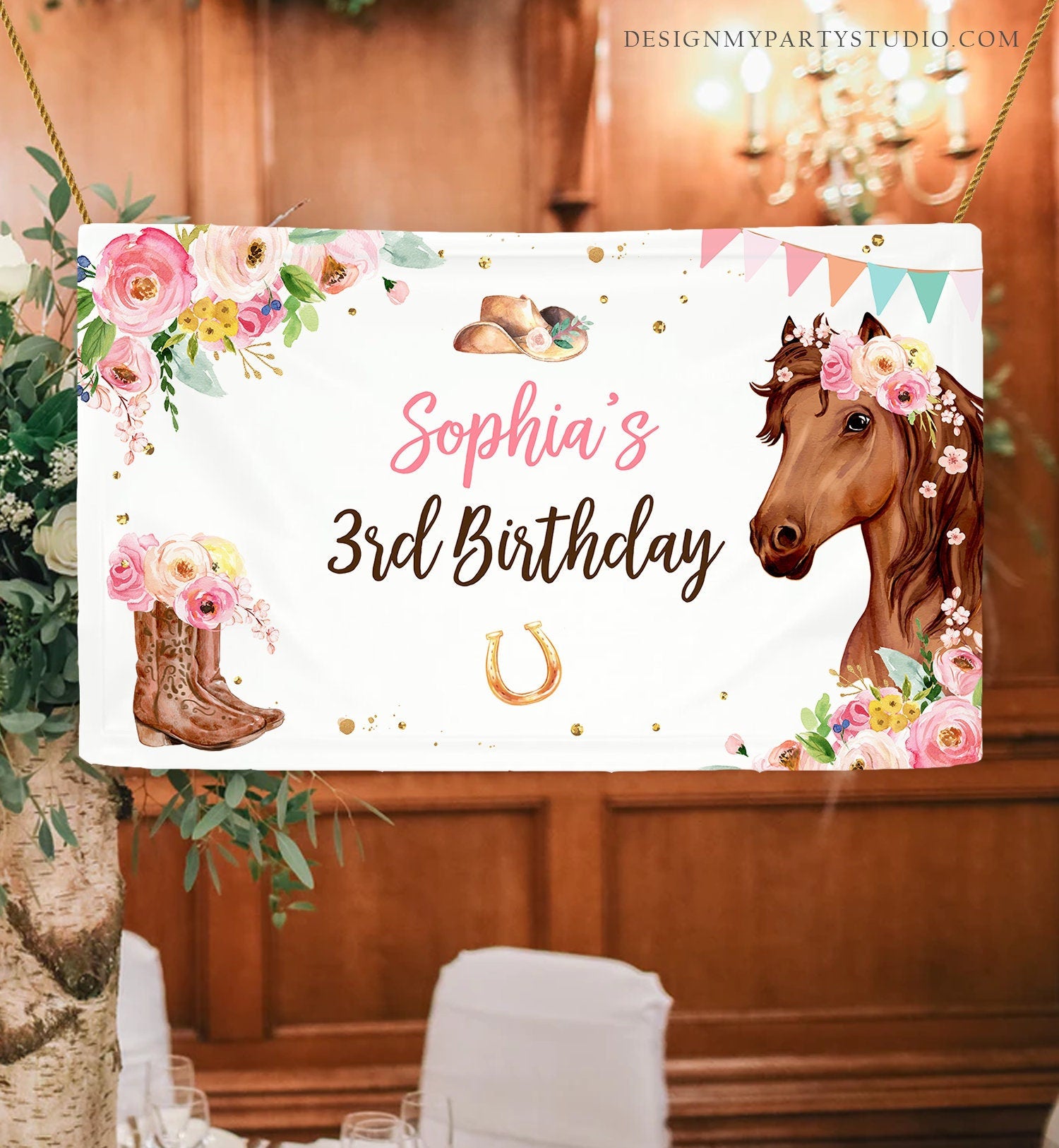 Editable Horse Birthday Backdrop Banner Saddle Up Watercolor Cowgirl Party Girl Pony Decor Party Sign Digital Template Printable 0408