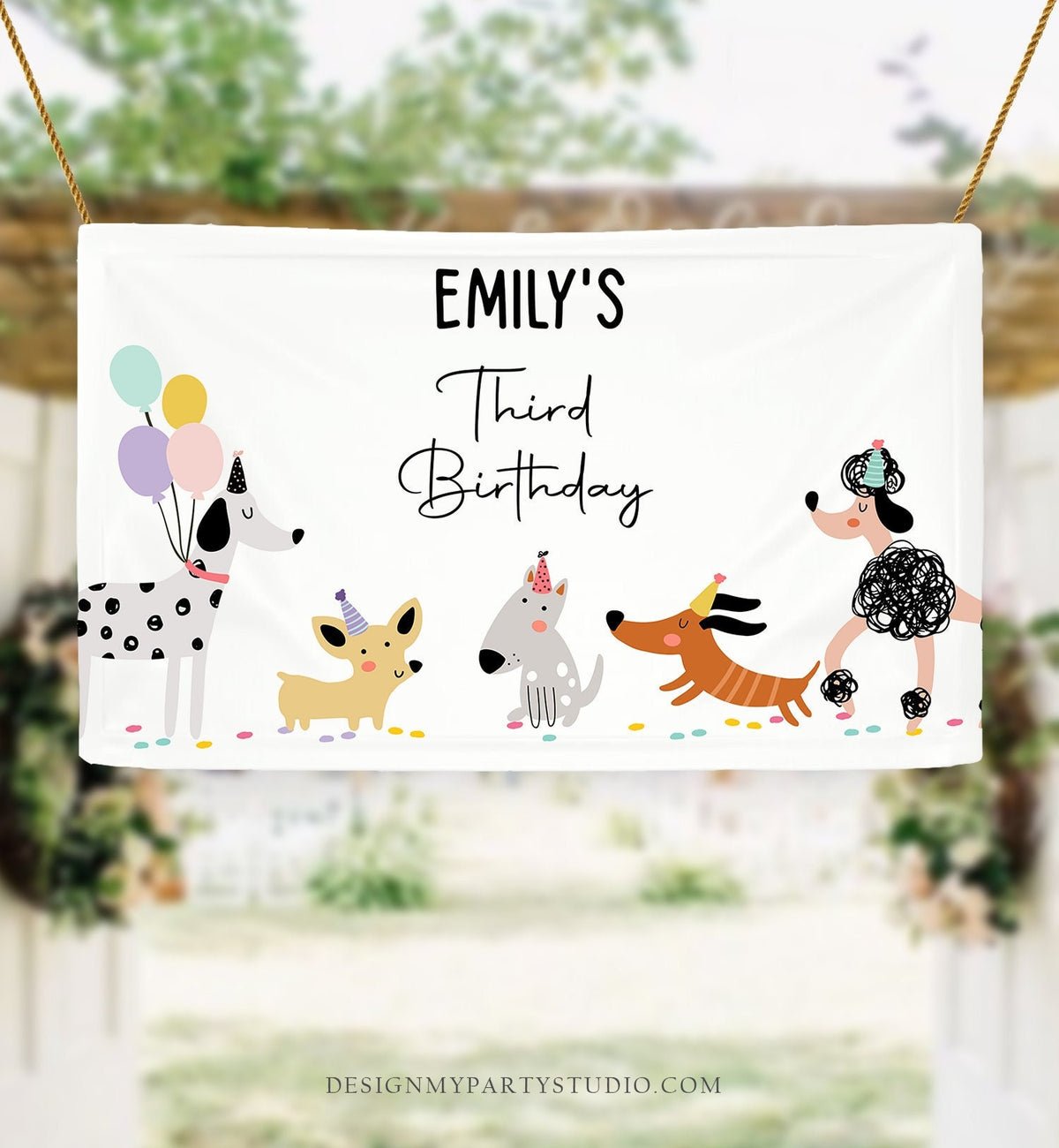 Editable Puppy Backdrop Banner Pink Dog Birthday Puppy Birthday Decorations Adopt a Pet Pawty Doggy Digital Download Template Printable 0429