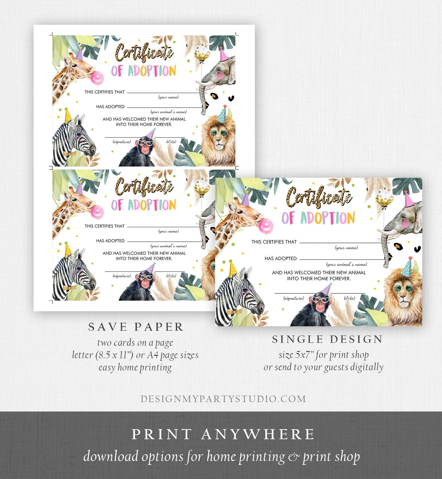 Adopt an Animal Adoption Certificate Safari Animals Adoption Wild One Birthday Party Animals Birthday Girl Download Digital PRINTABLE 0417