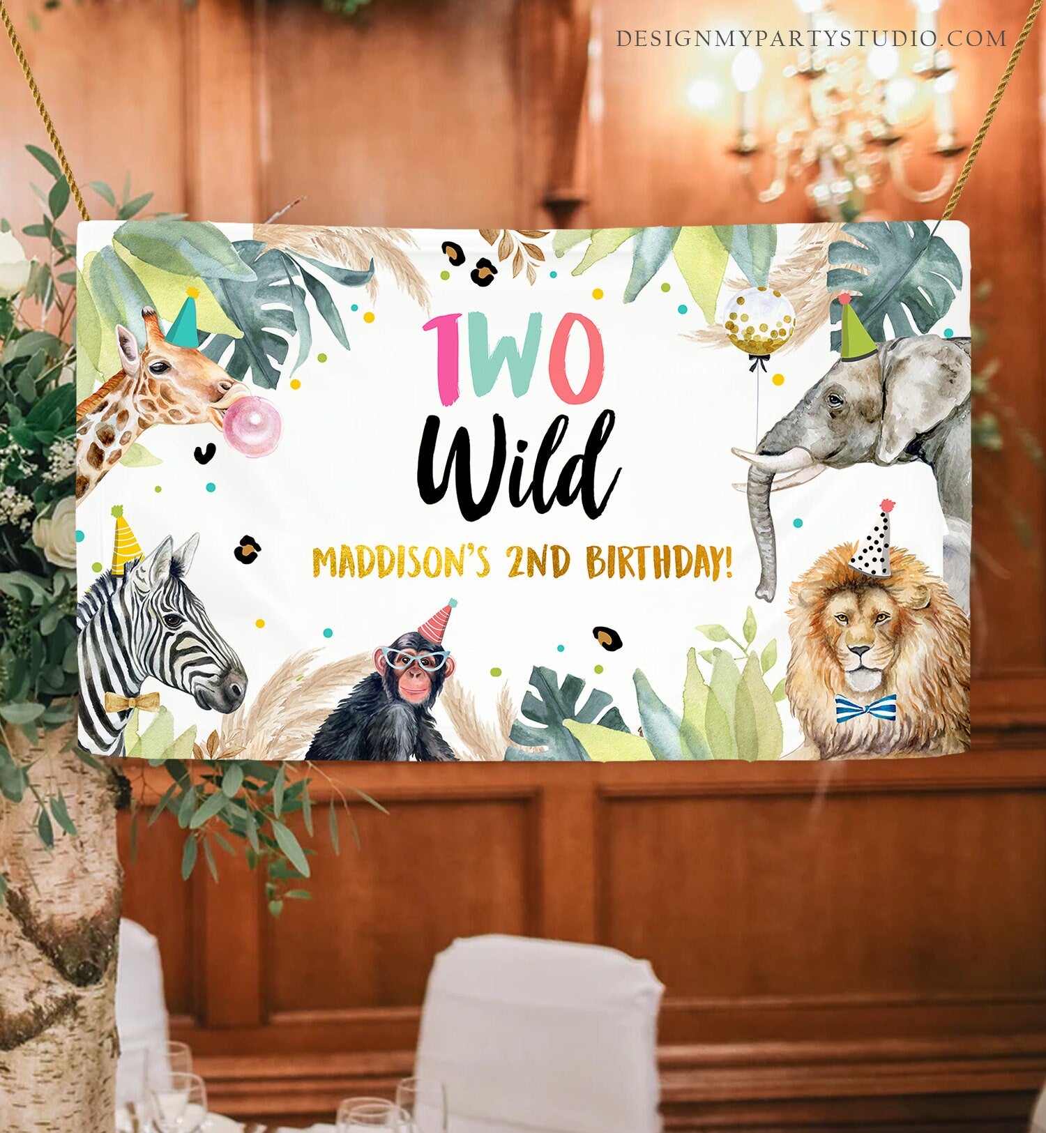 Editable Party Animals Two Wild Backdrop Banner Safari Animals Girl Pink Second Birthday 2nd Welcome Corjl Template Digital Printable 0417