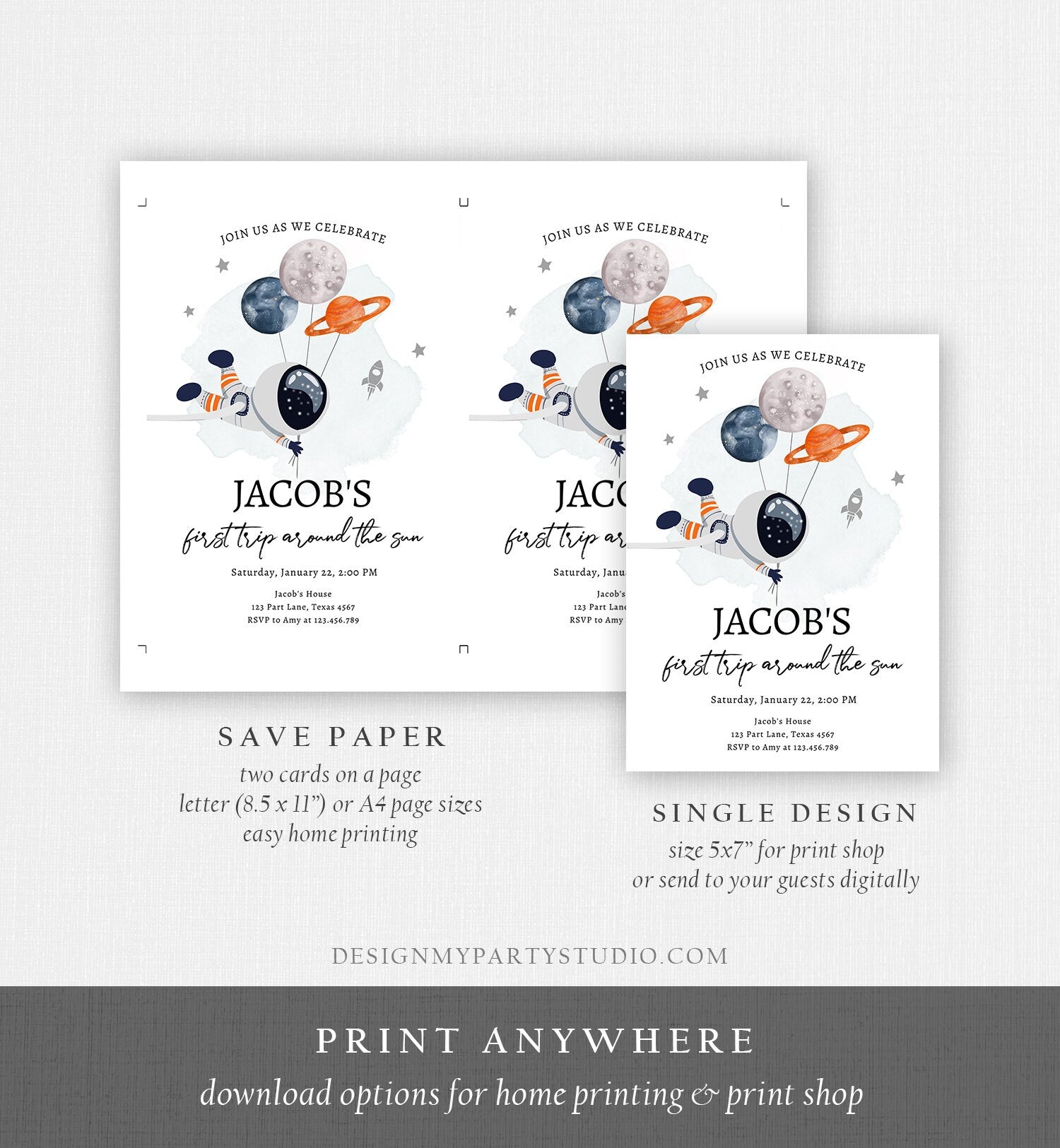 Space Birthday Invitation Bundle Space Party 1st Birthday First Trip Around the Sun Galaxy Boy Astronaut Blast Printable Corjl Template 0366