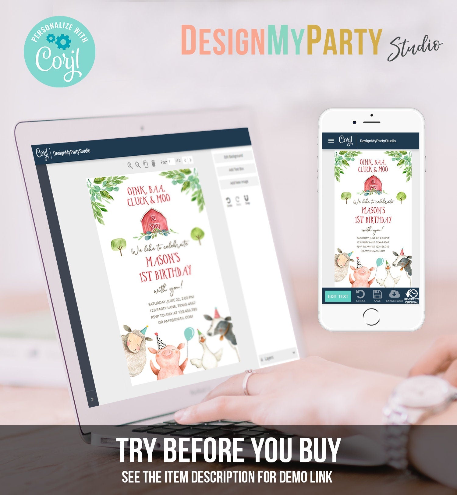 Editable Farm Birthday Evite Boy Farm Animals Barnyard Party Invitation Party Animals Phone Digital Download Evite Template Printable 0155