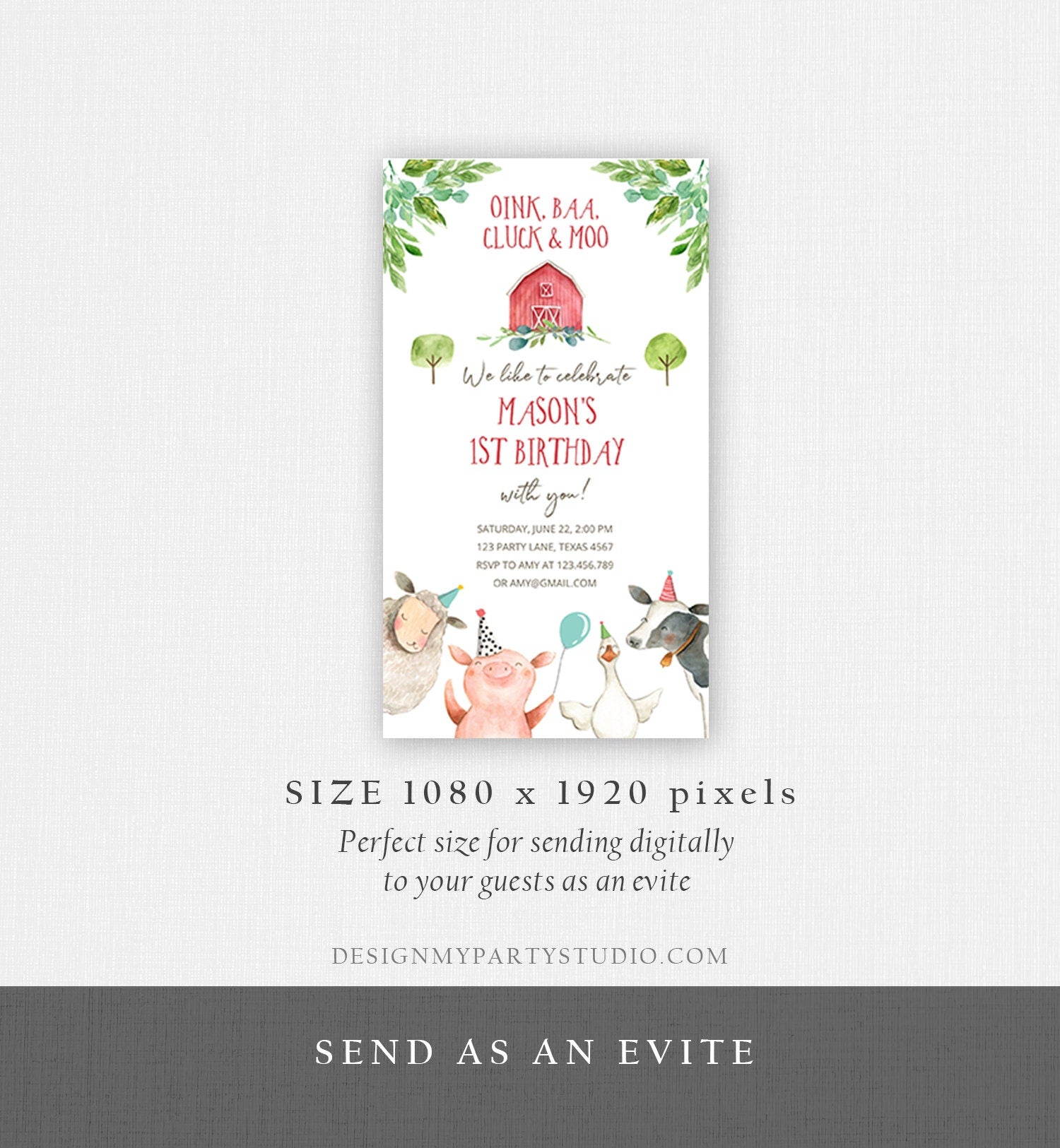 Editable Farm Birthday Evite Boy Farm Animals Barnyard Party Invitation Party Animals Phone Digital Download Evite Template Printable 0155