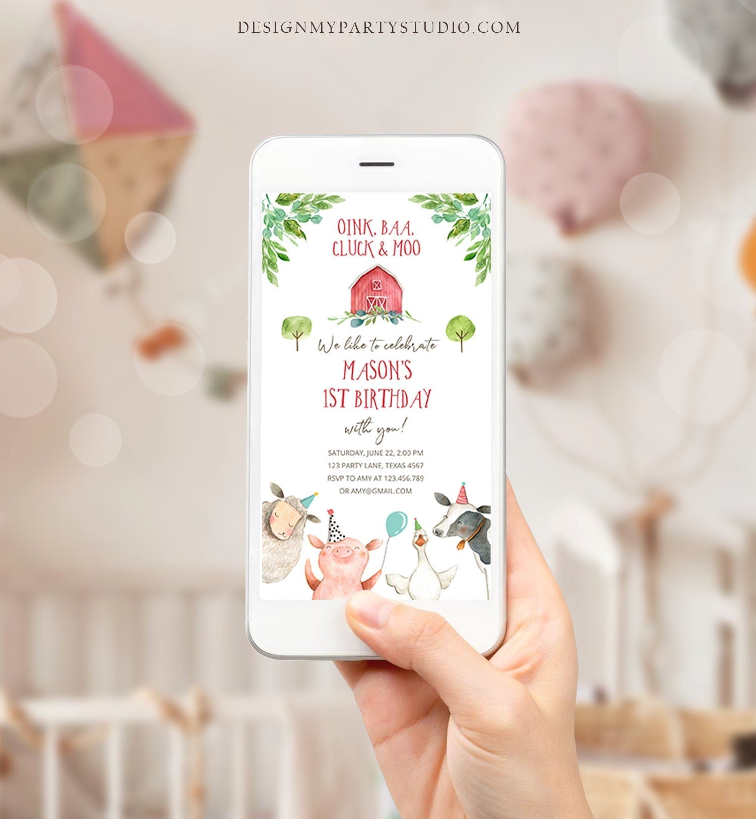 Editable Farm Birthday Evite Boy Farm Animals Barnyard Party Invitation Party Animals Phone Digital Download Evite Template Printable 0155